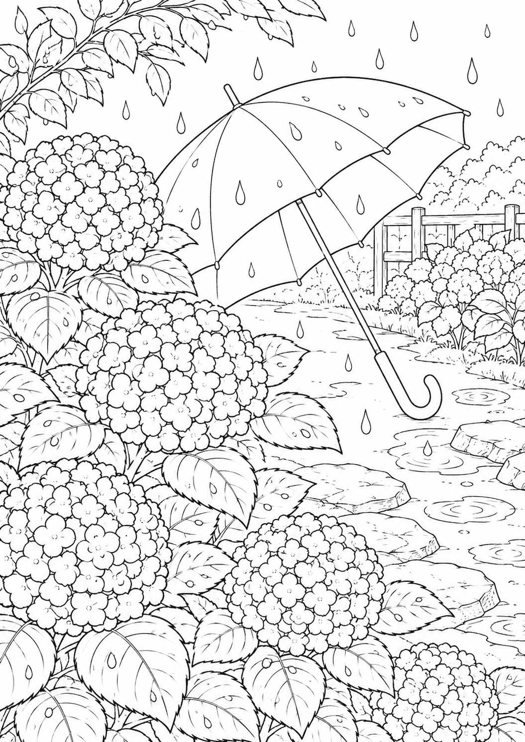 アジサイと傘 塗り絵