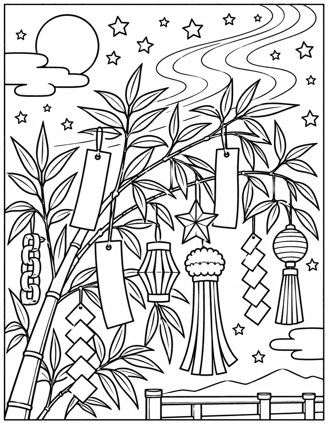 天の川と七夕飾り 塗り絵