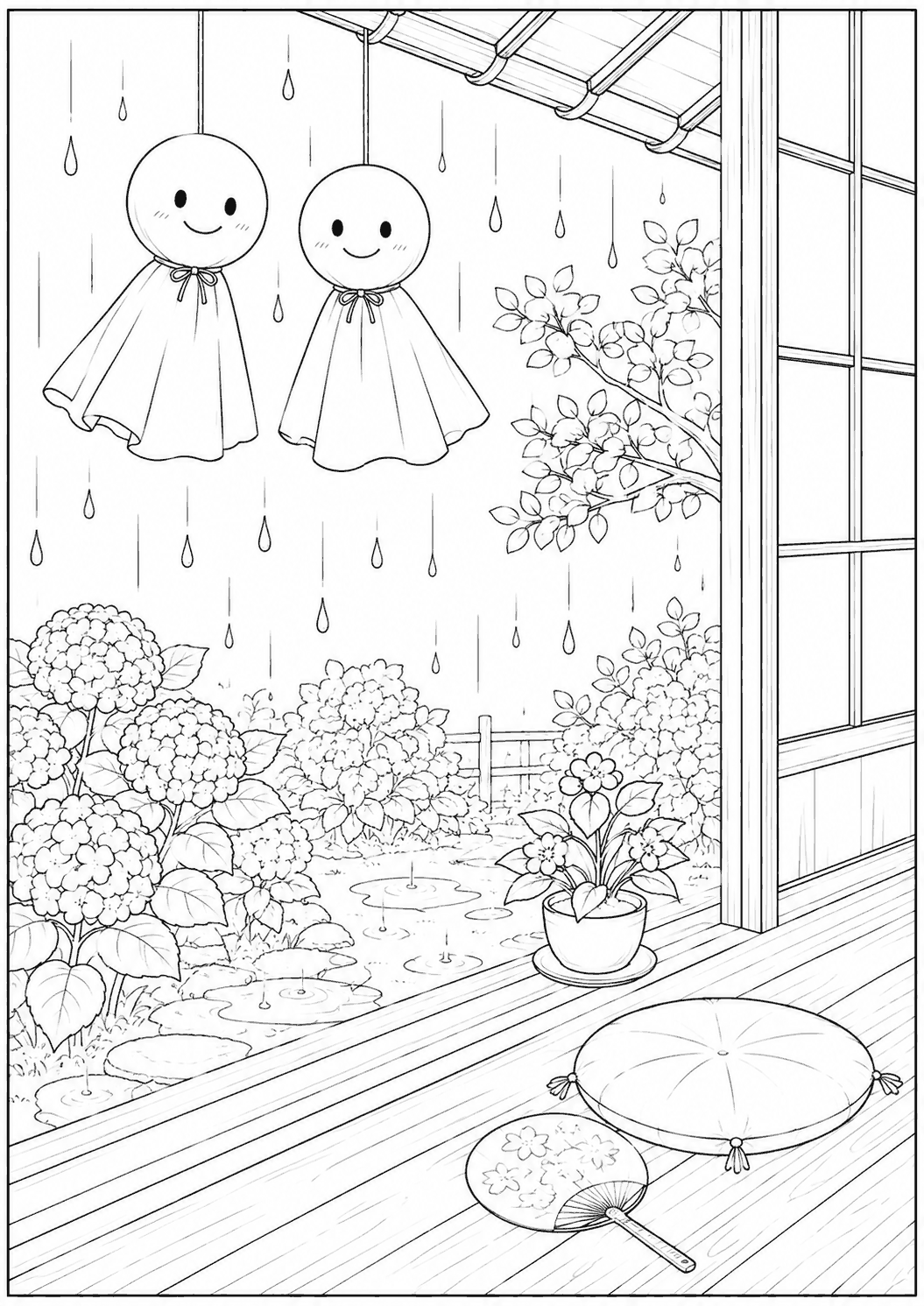 雨の縁側 塗り絵