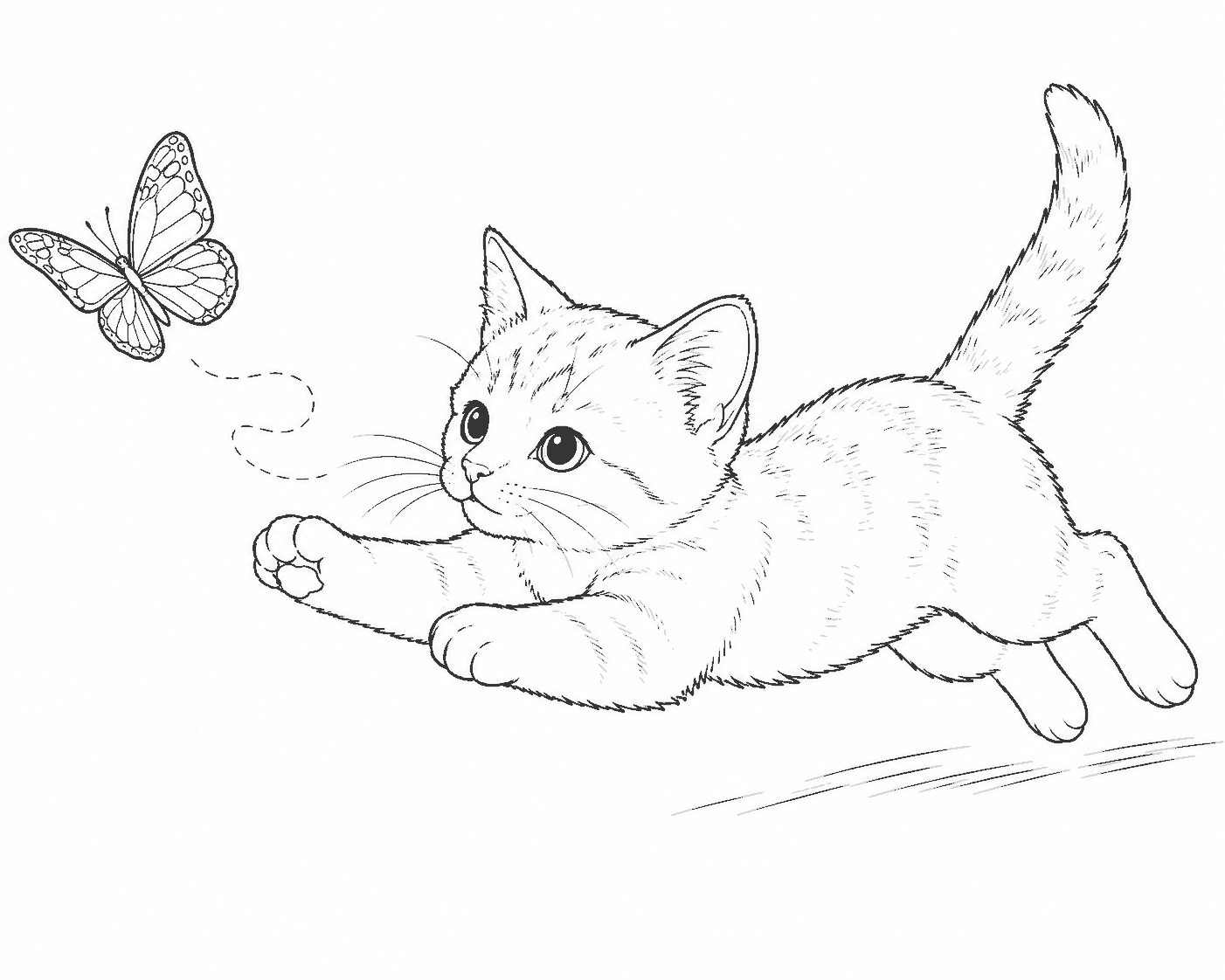 蝶を追いかける猫 塗り絵