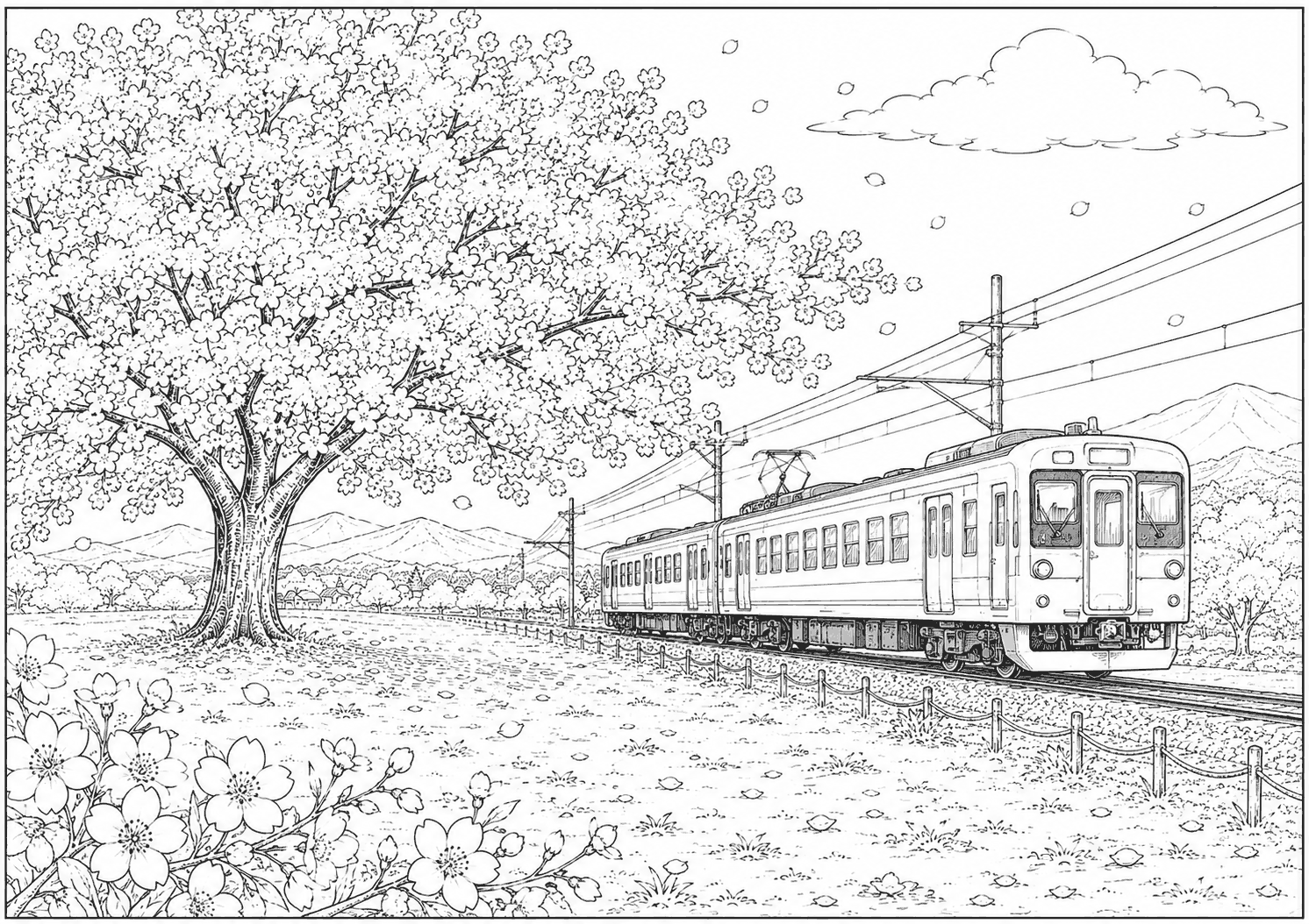 電車と桜 塗り絵