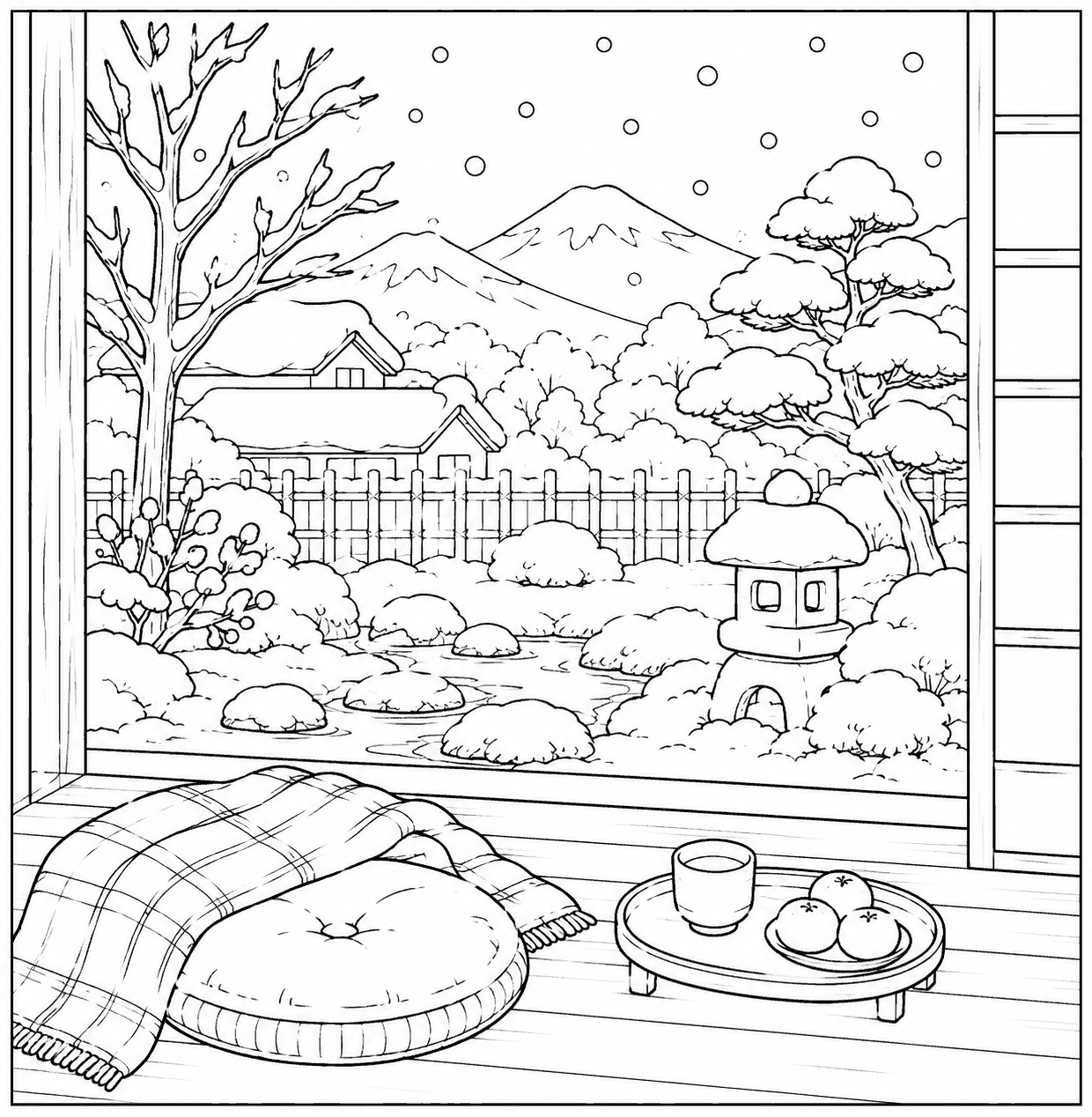 冬の縁側 塗り絵