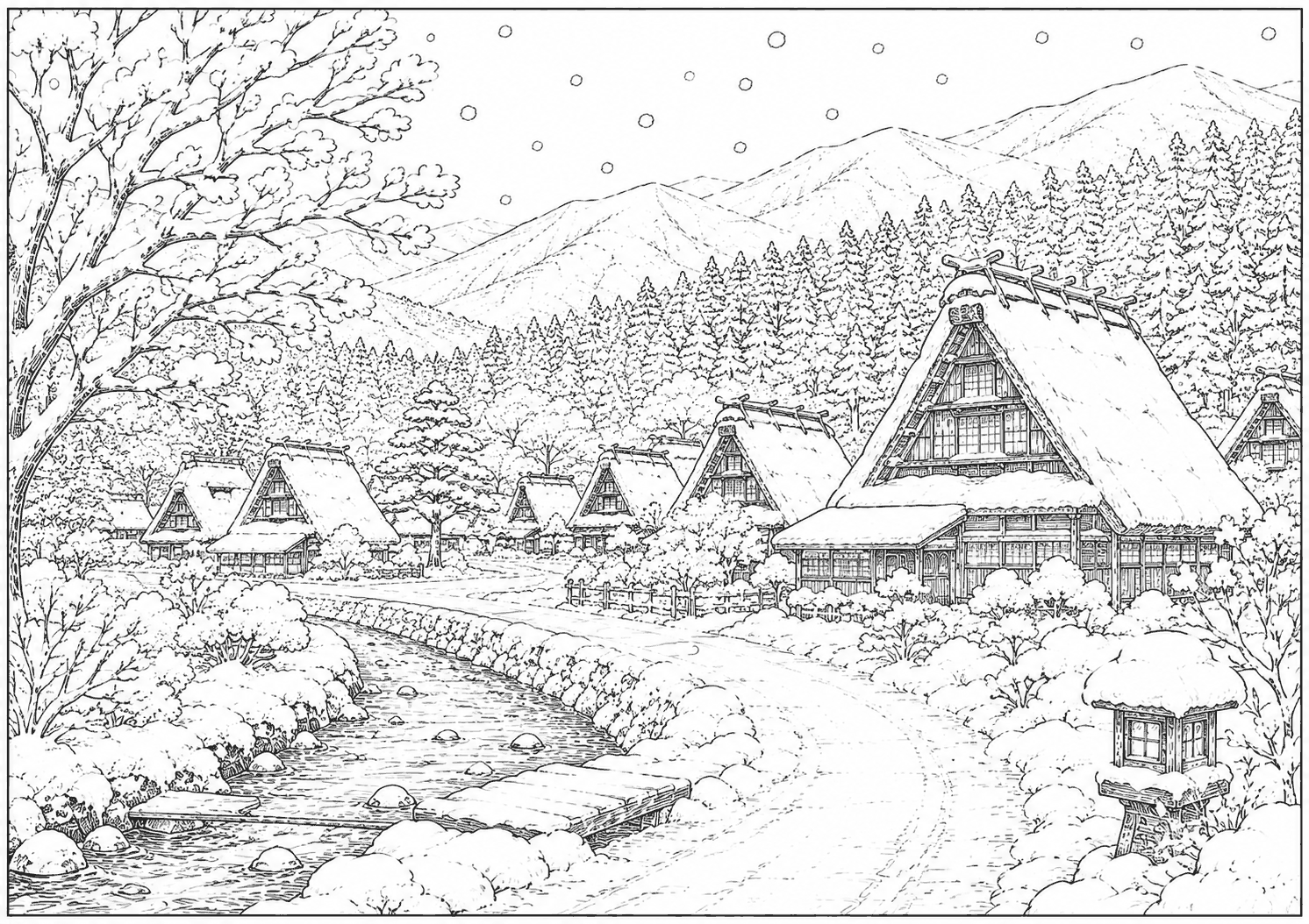 冬のかやぶきの里 塗り絵