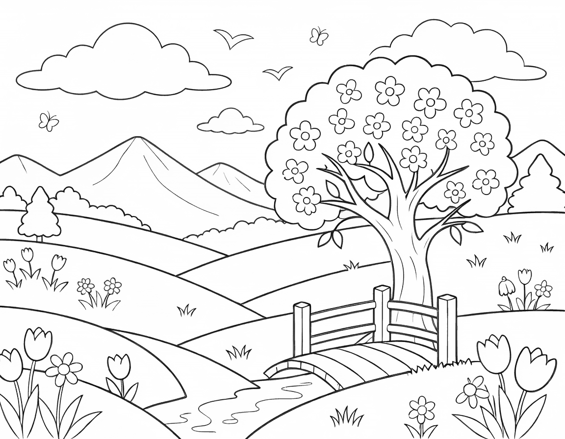 春の風景 塗り絵