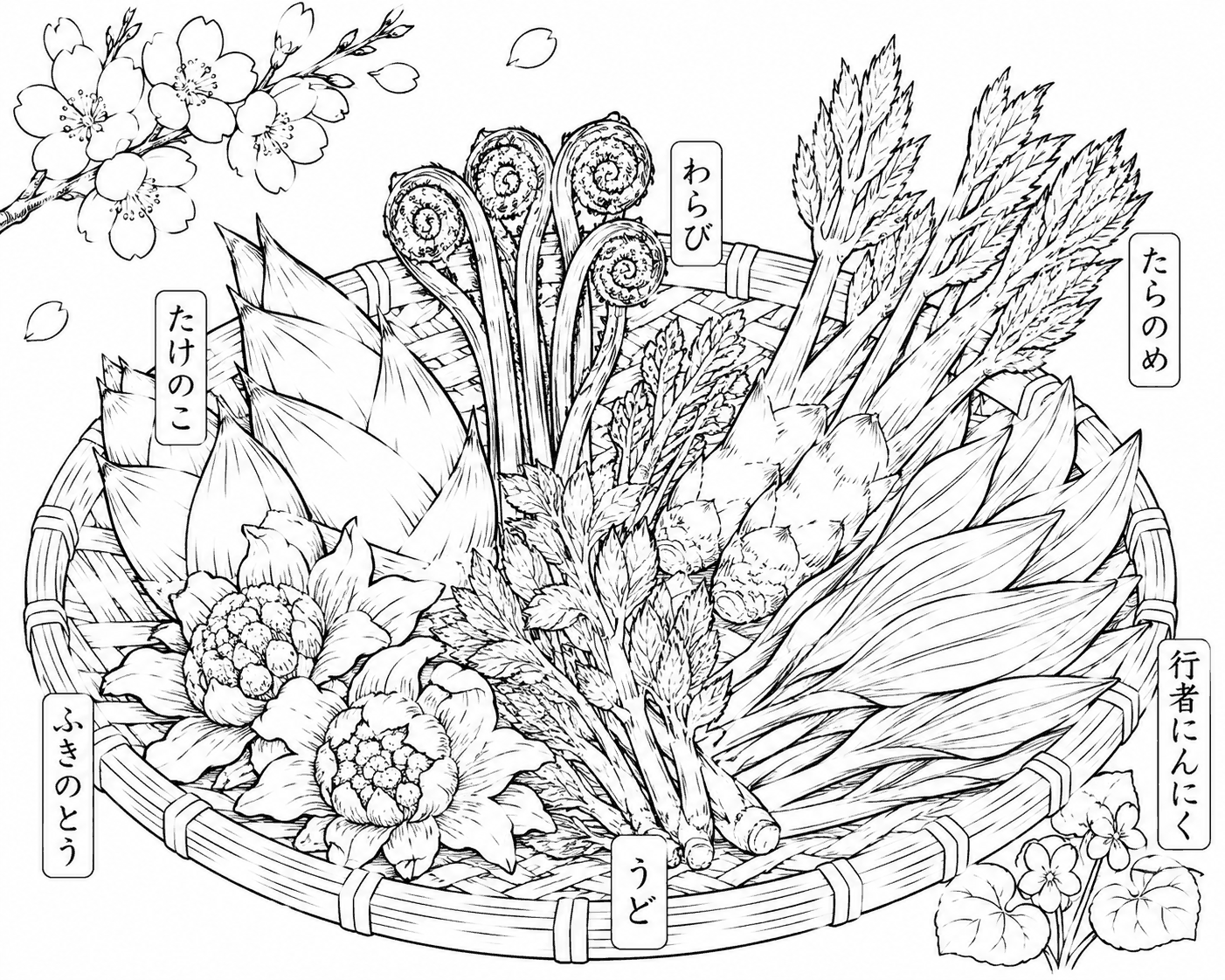 春の山菜 塗り絵