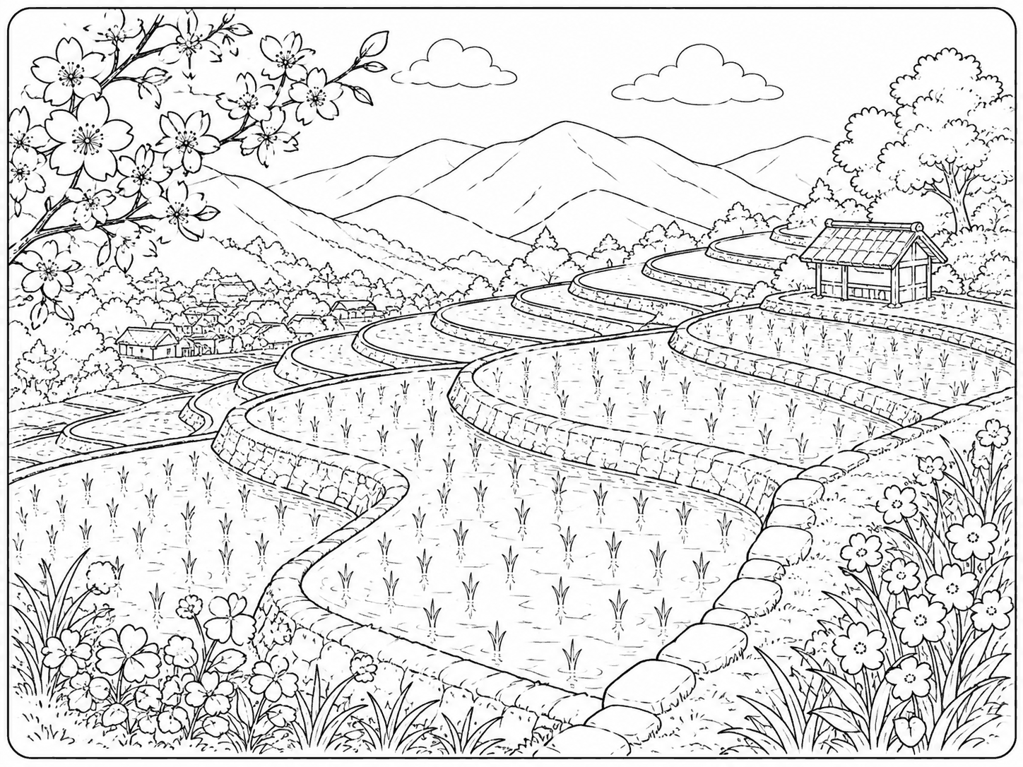 春の棚田 塗り絵
