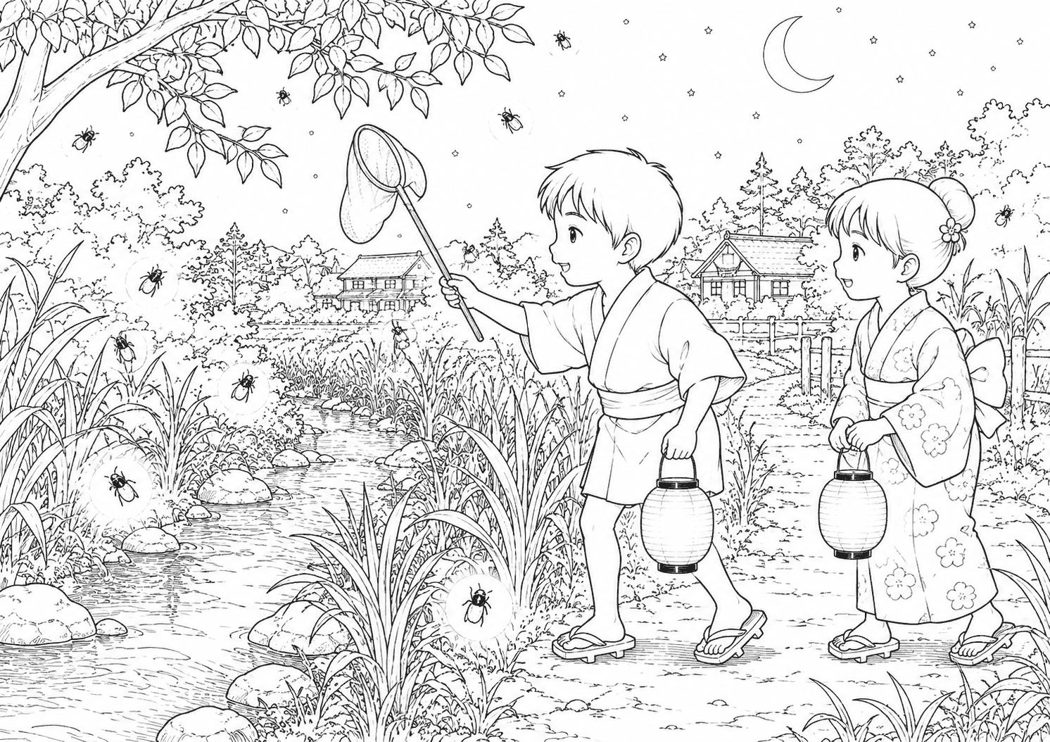 蛍狩り 塗り絵