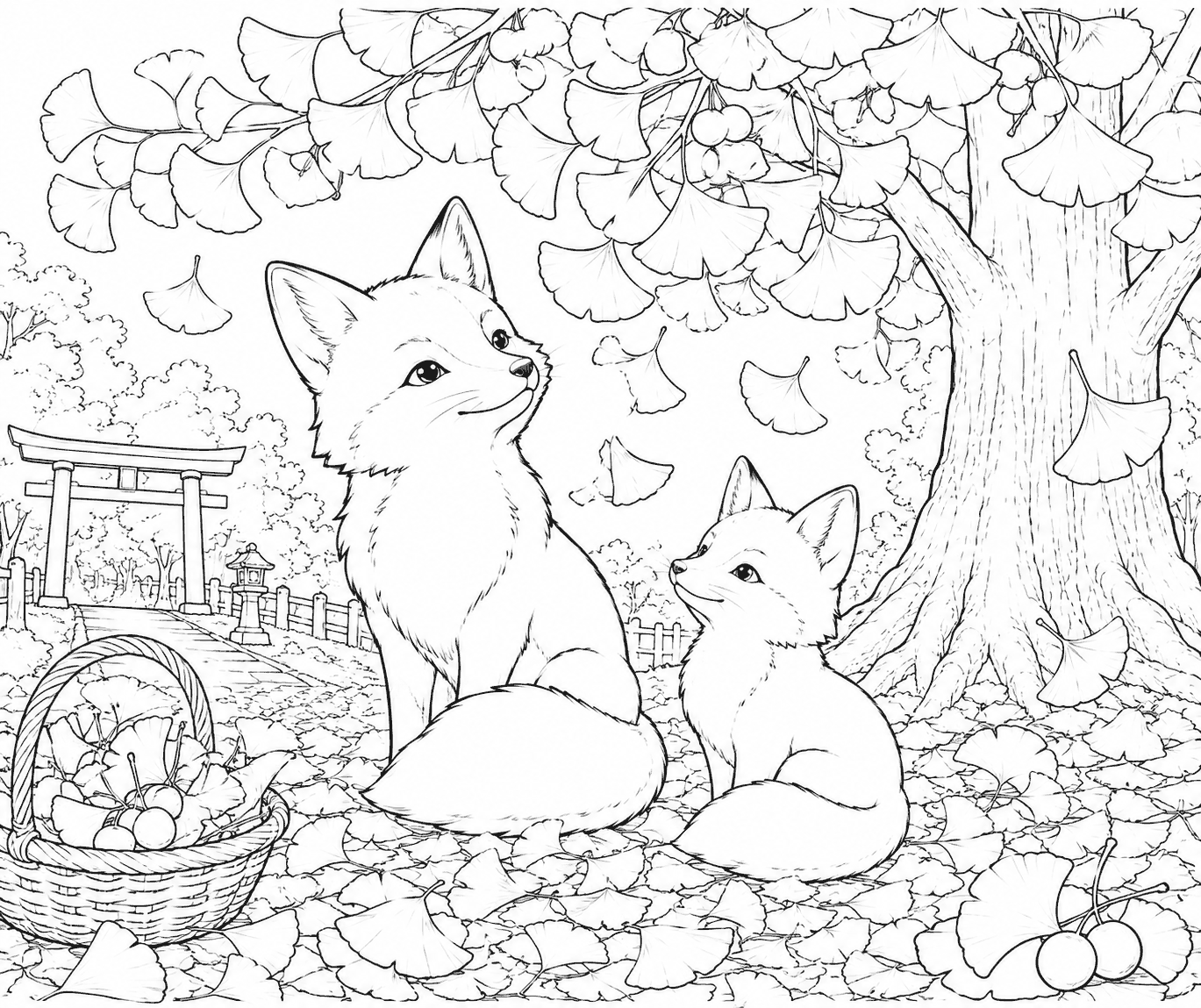いちょうと狐 塗り絵