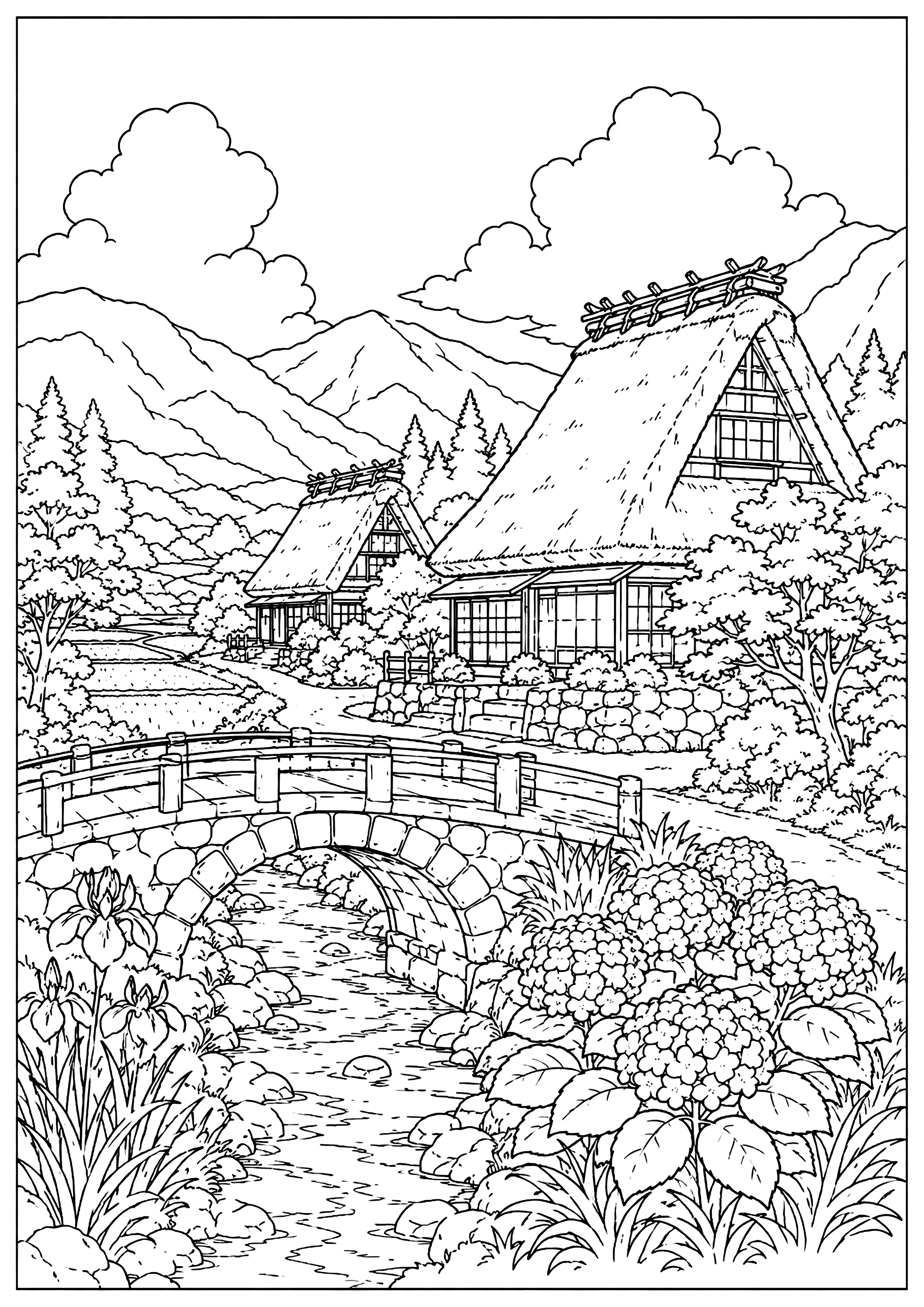 田舎とあじさい 塗り絵