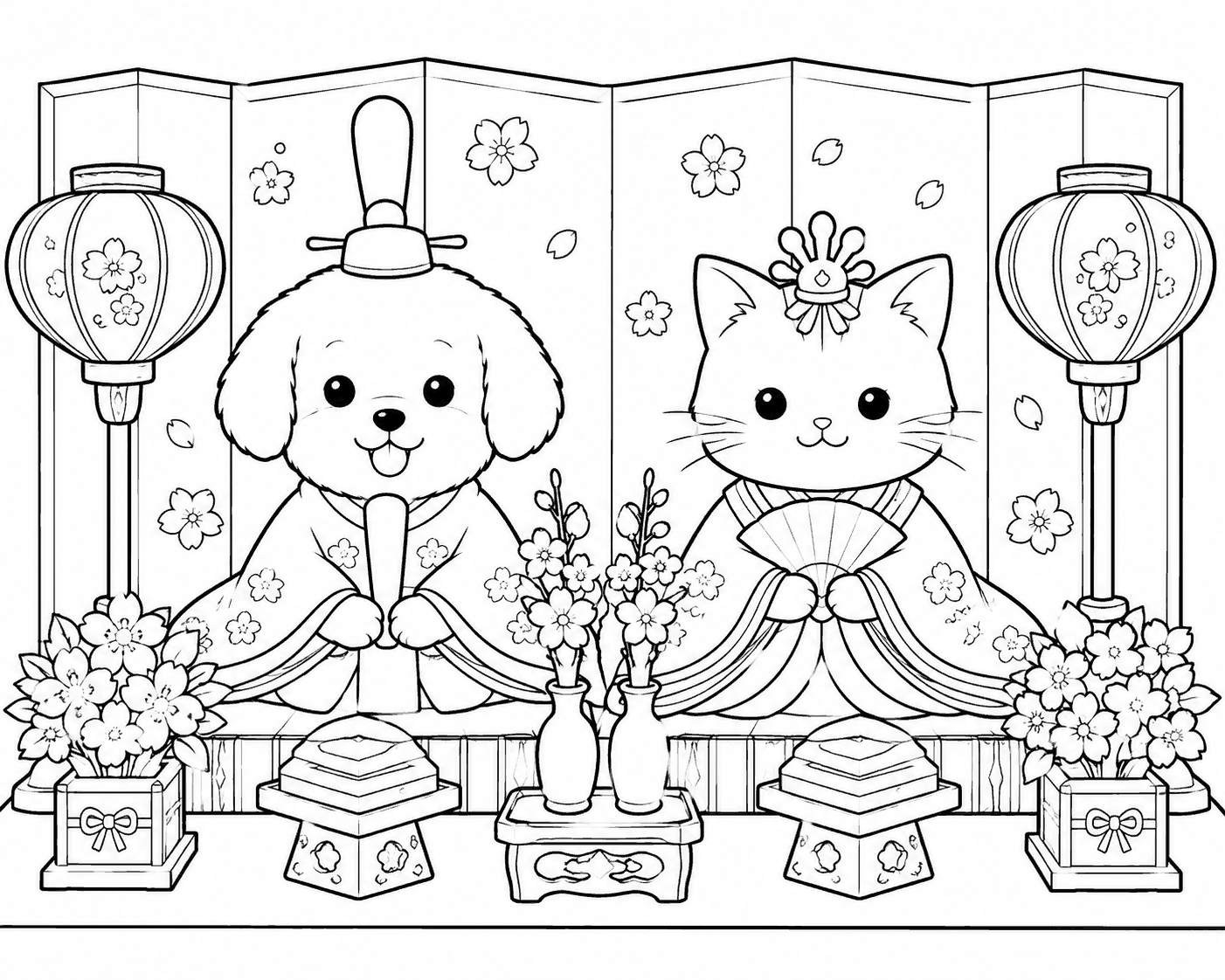 犬と猫のひなまつり 塗り絵