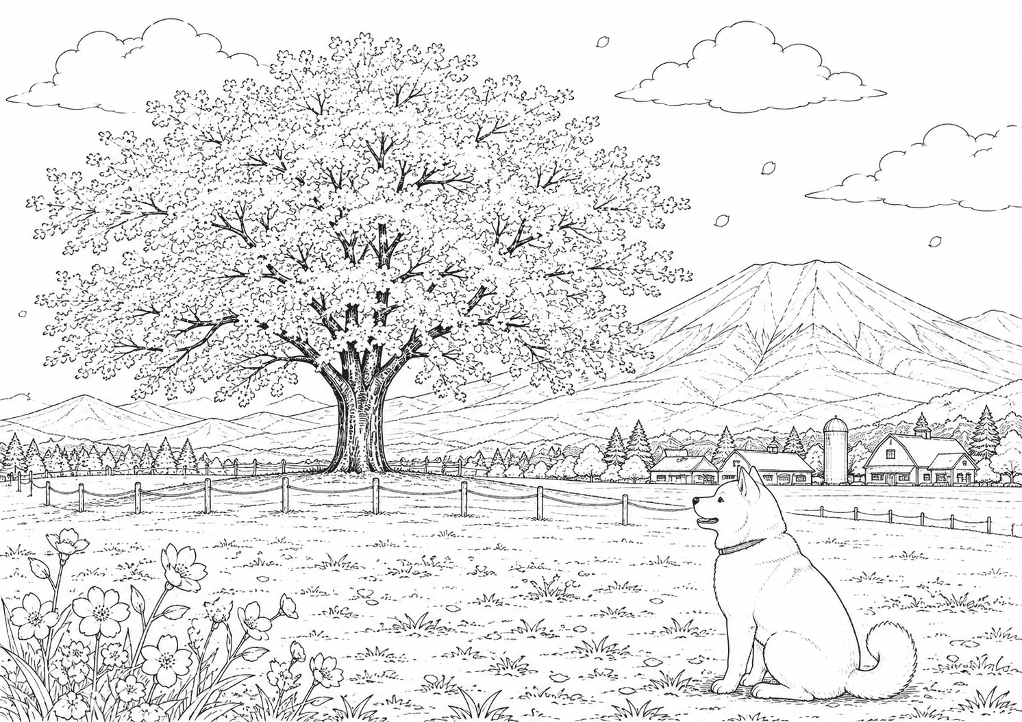 一本桜 塗り絵