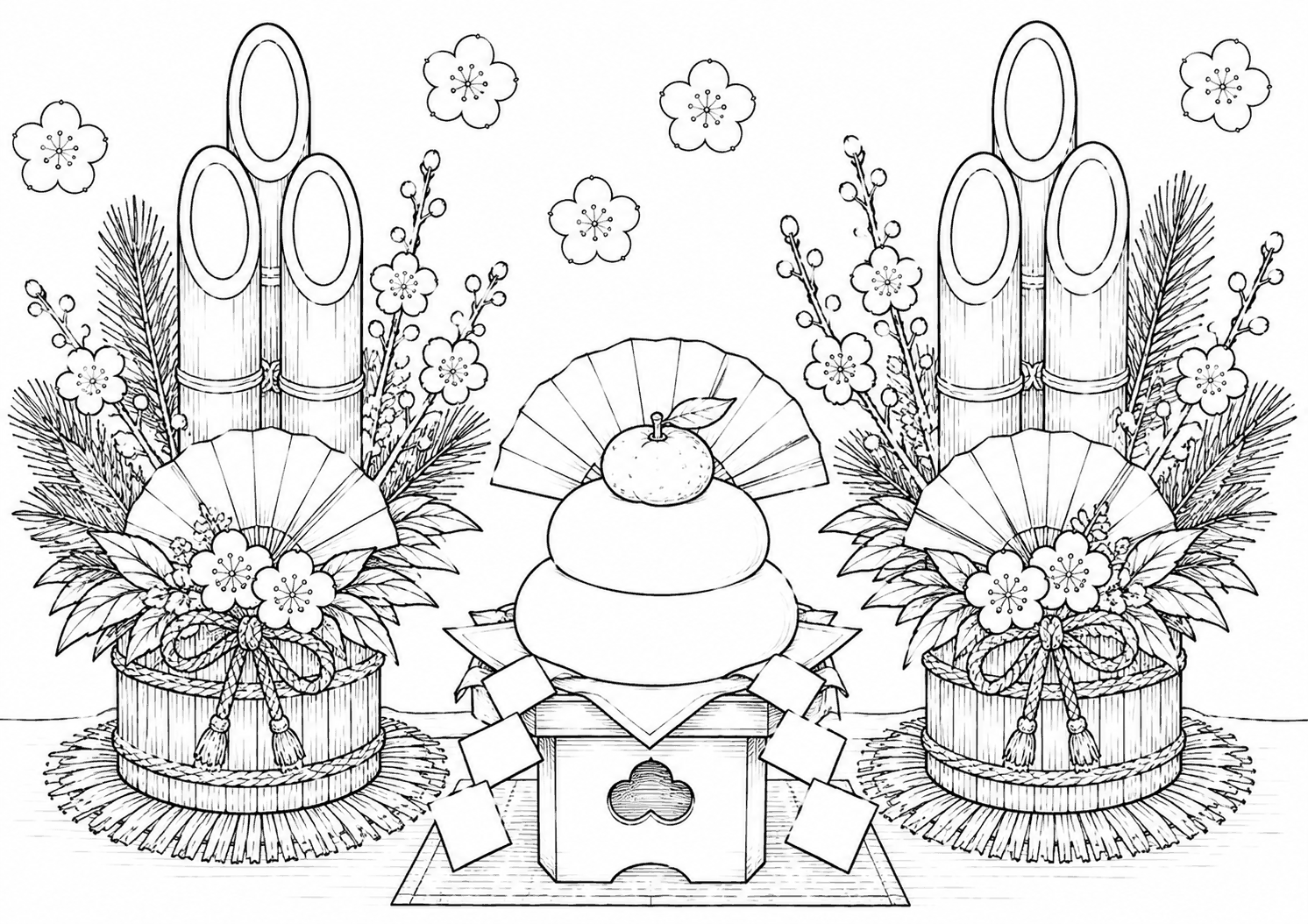 鏡もちと門松 塗り絵