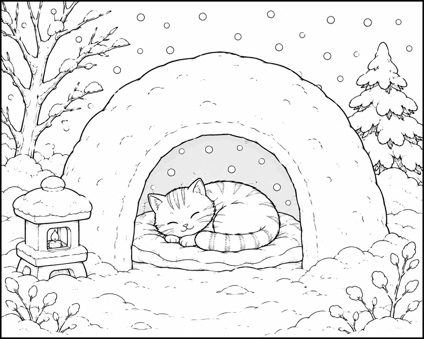 かまくらの中の猫 塗り絵