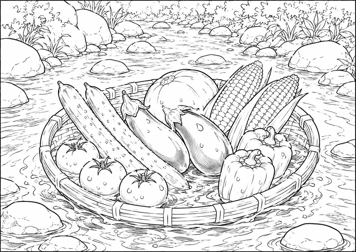 川で冷やした夏野菜 塗り絵