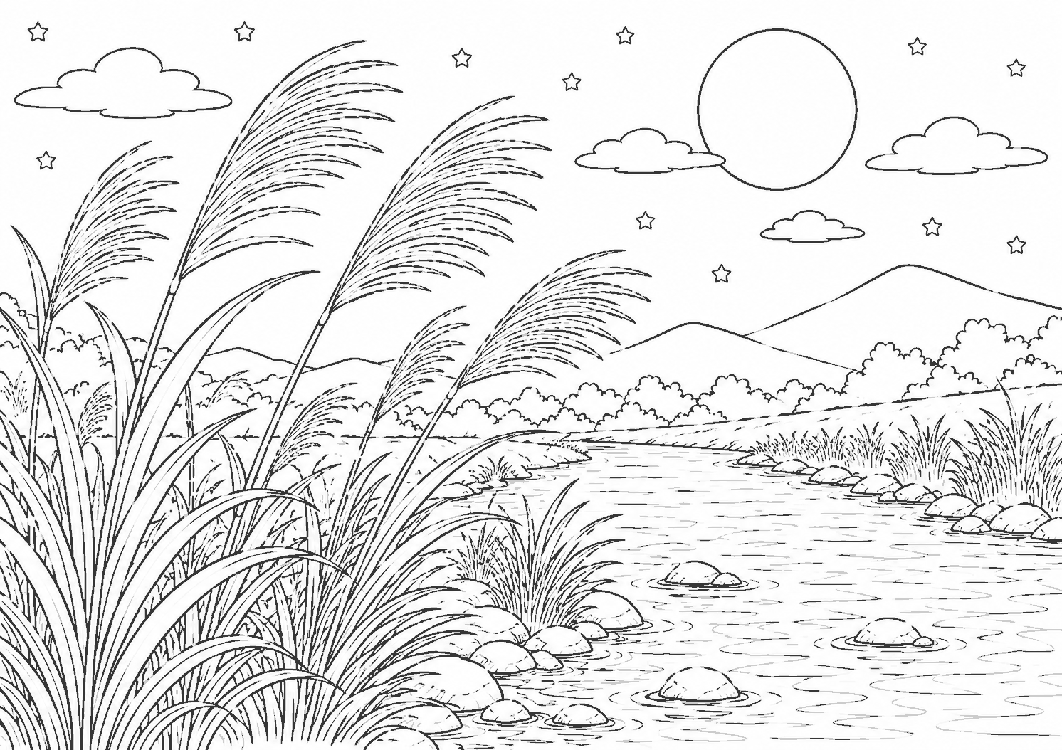 川辺のすすき 塗り絵