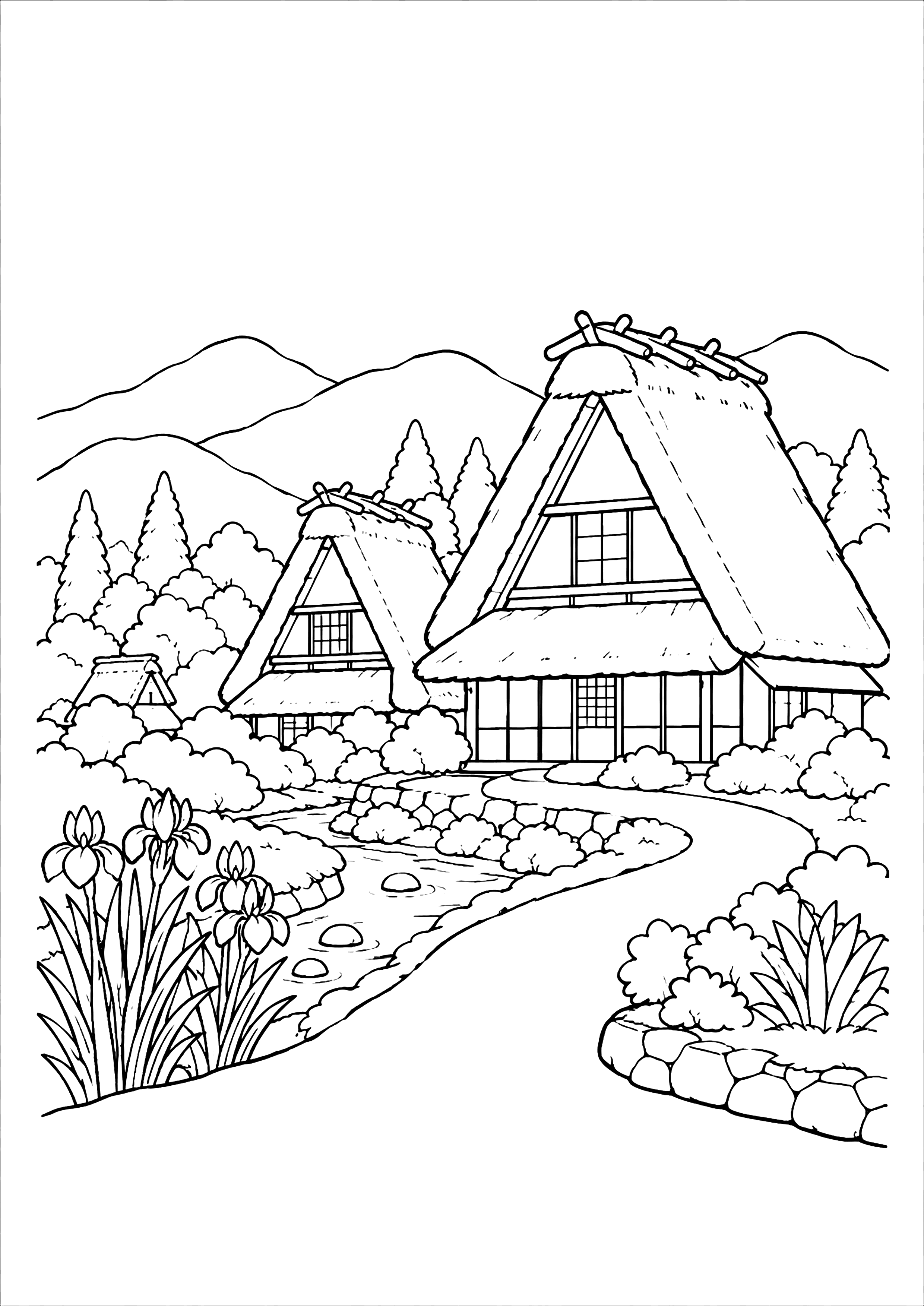 かやぶきの里 塗り絵