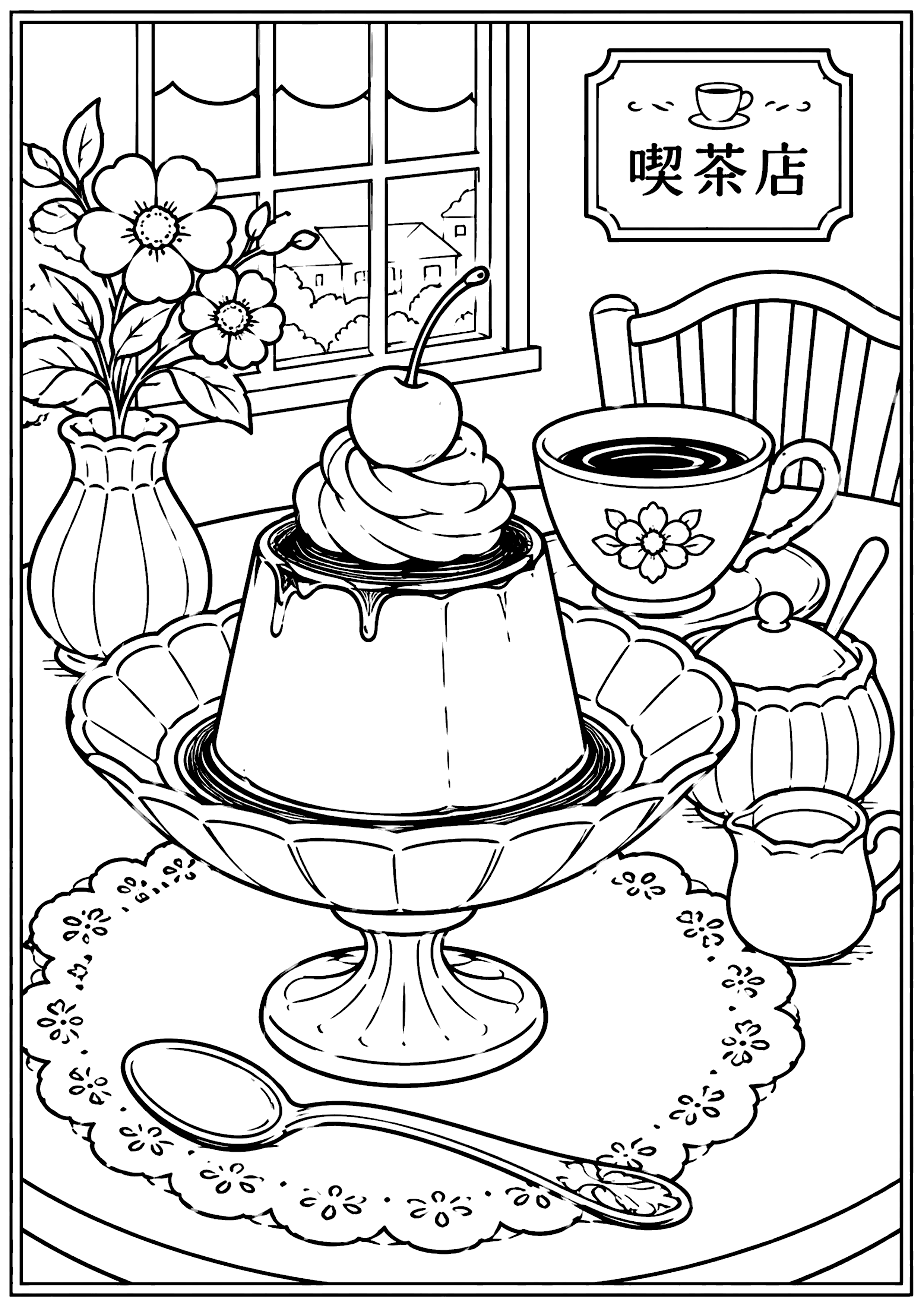 喫茶店のプリン 塗り絵