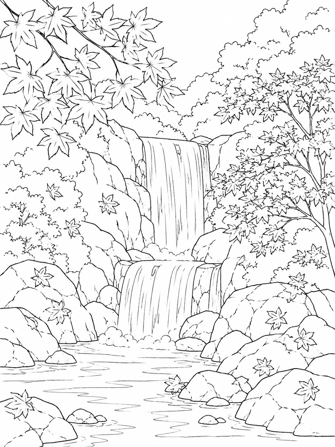 紅葉と滝 塗り絵