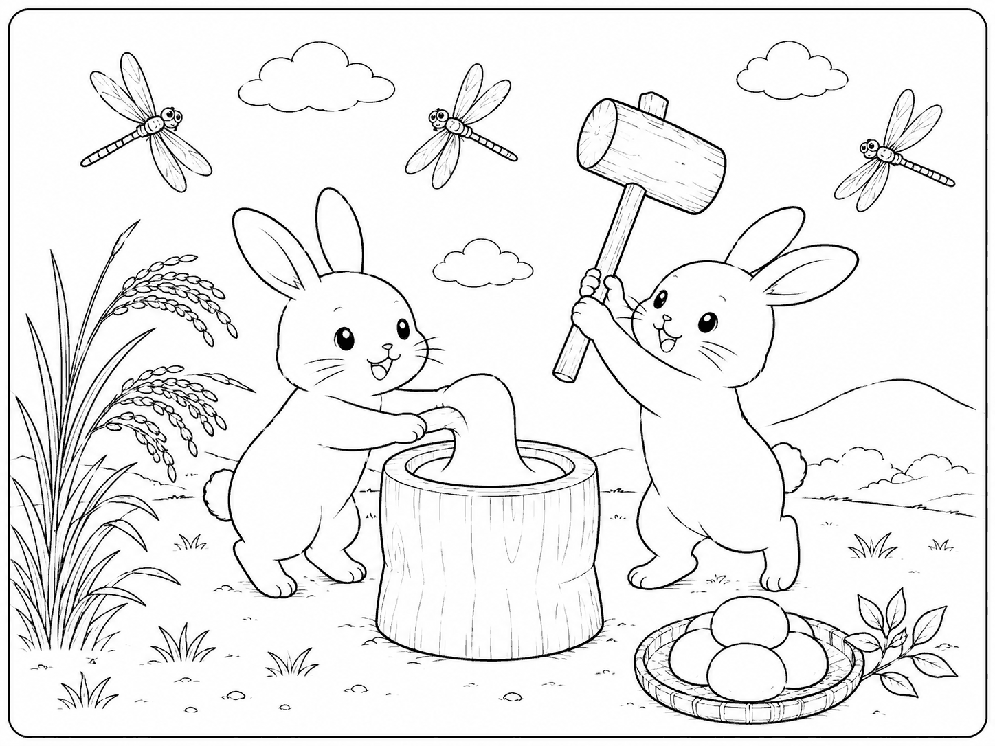 餅つくうさぎ 塗り絵