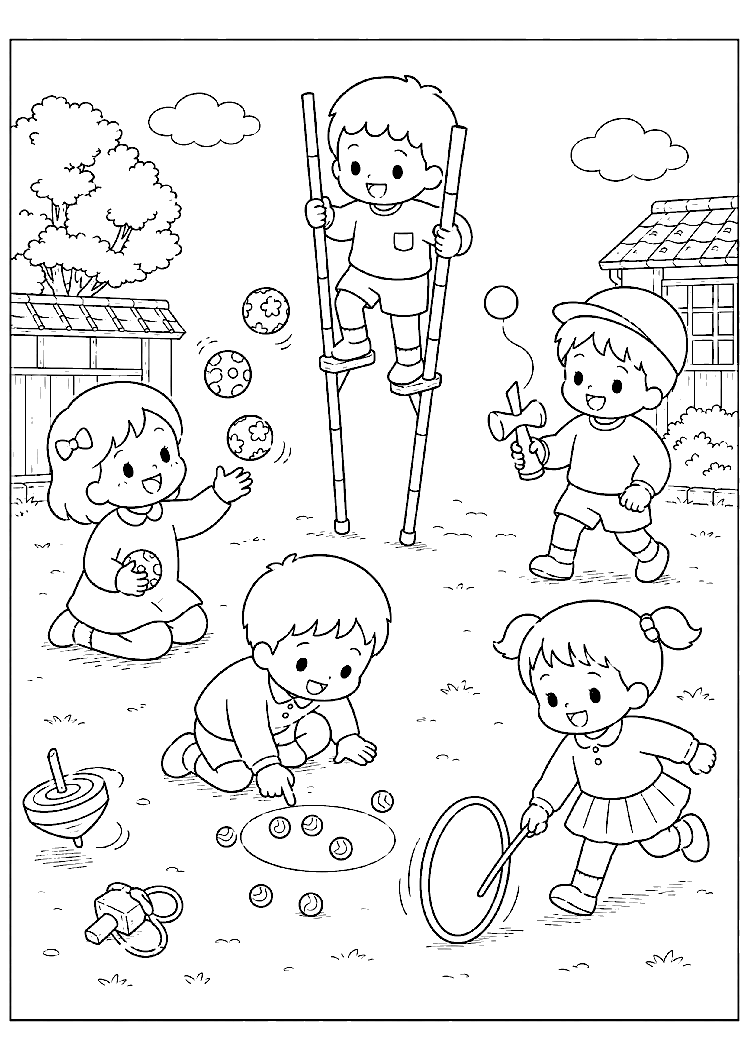 昔の遊び 塗り絵