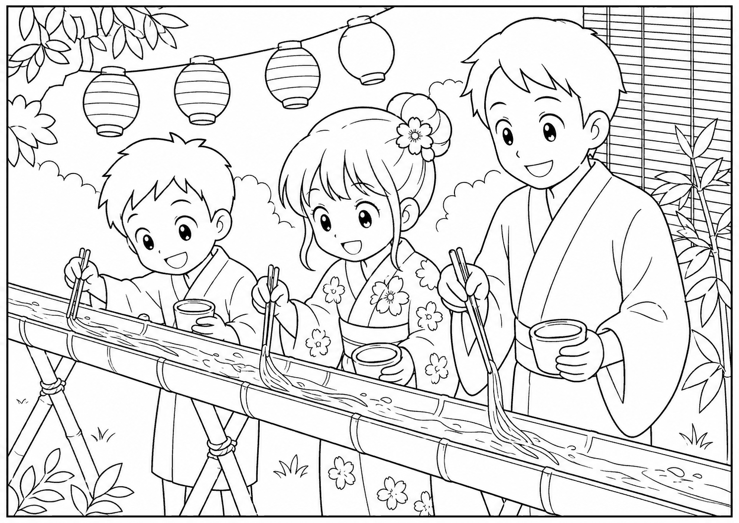 流しそうめん 塗り絵