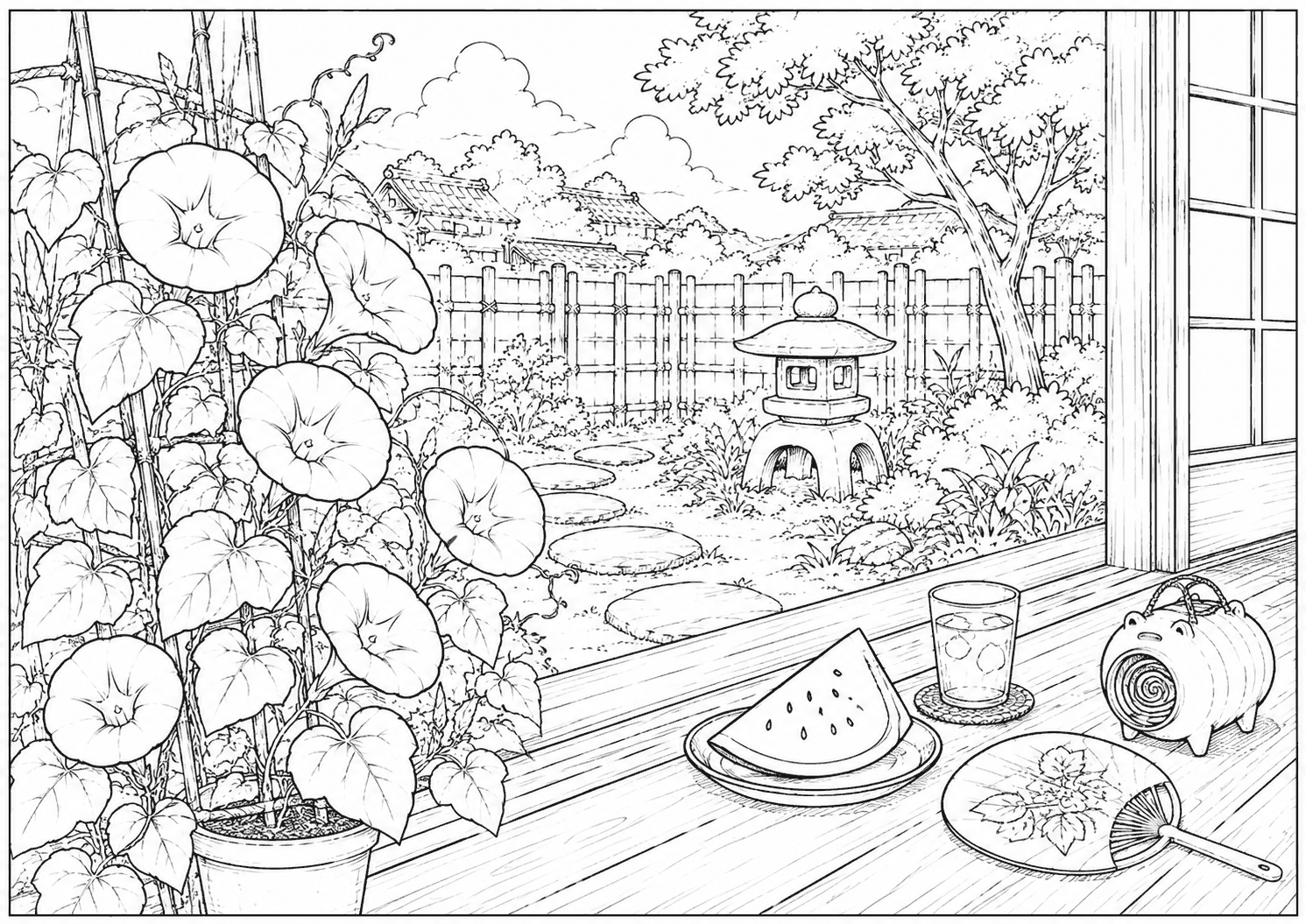 夏の縁側 塗り絵