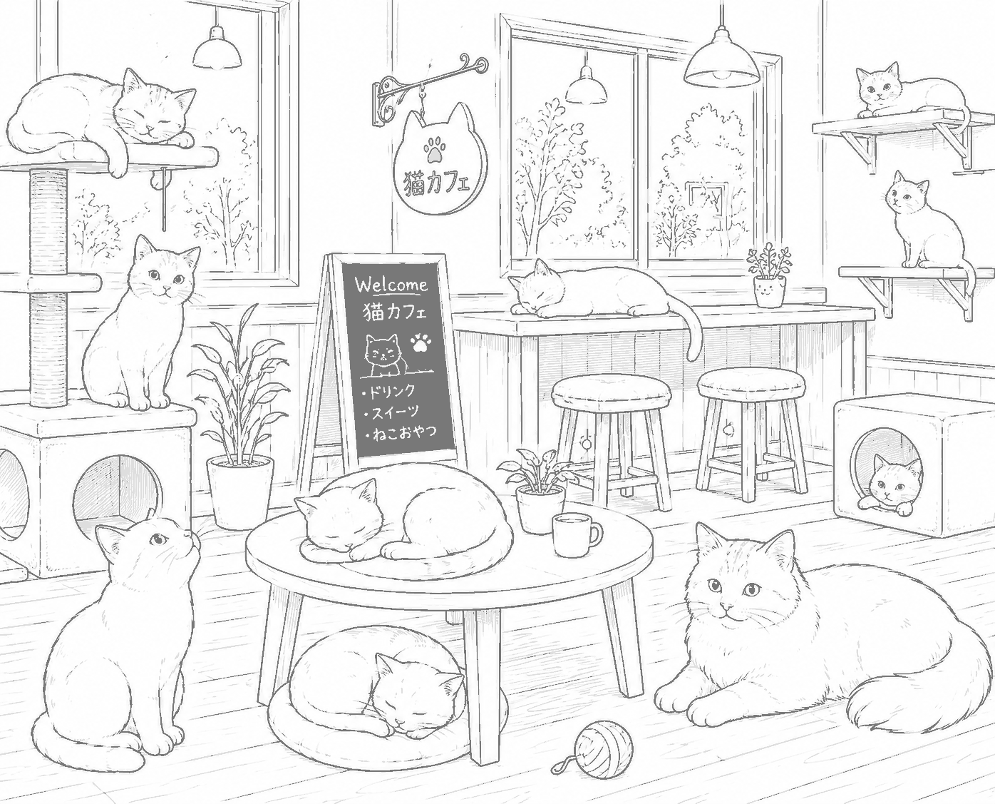 猫カフェ 塗り絵