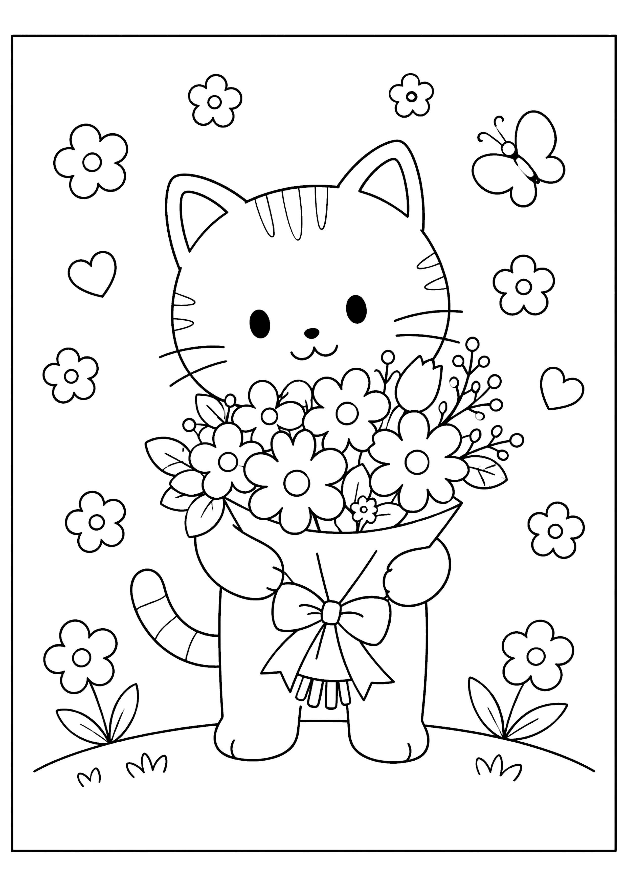 猫と花束 塗り絵