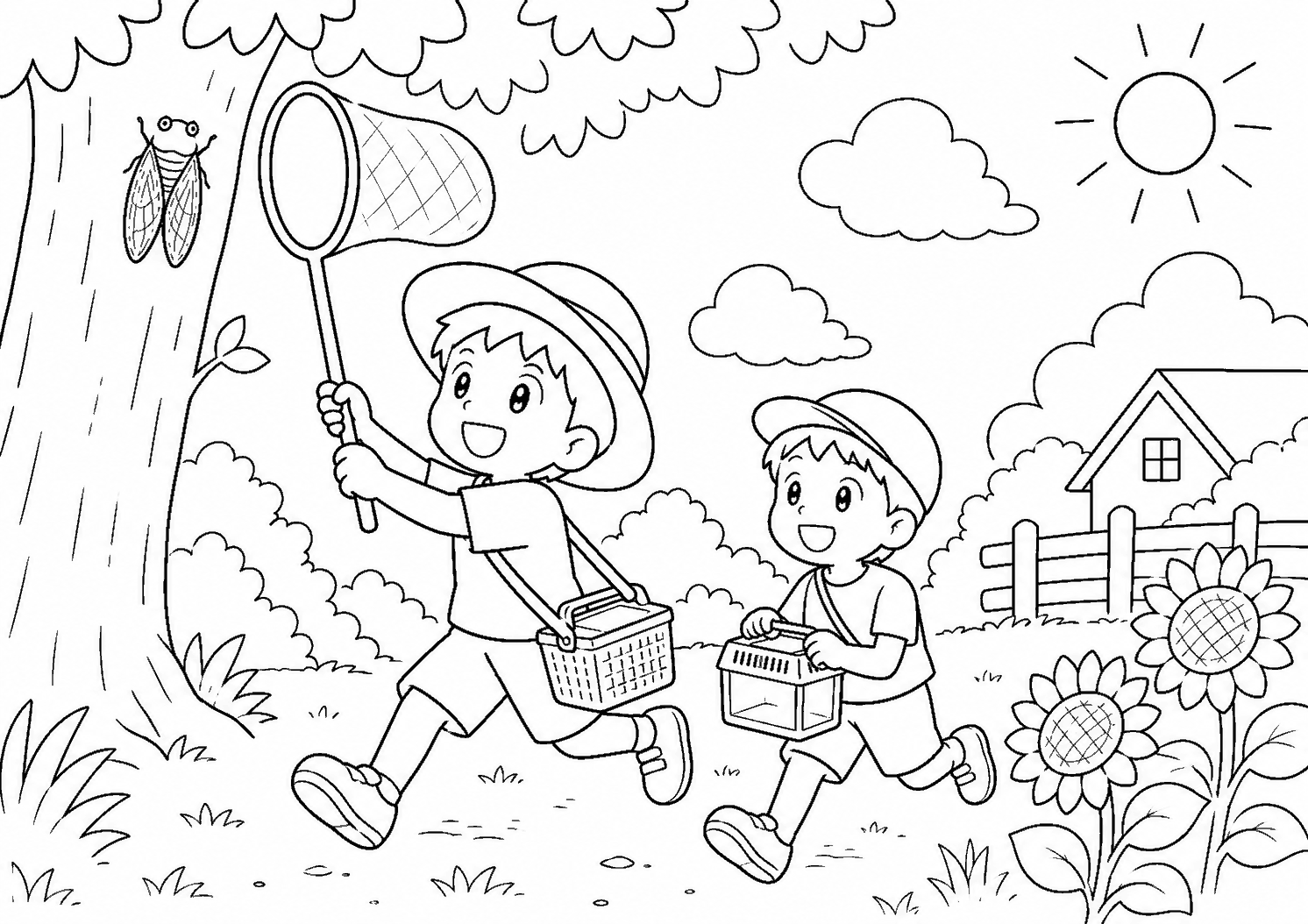 蝉取り 塗り絵