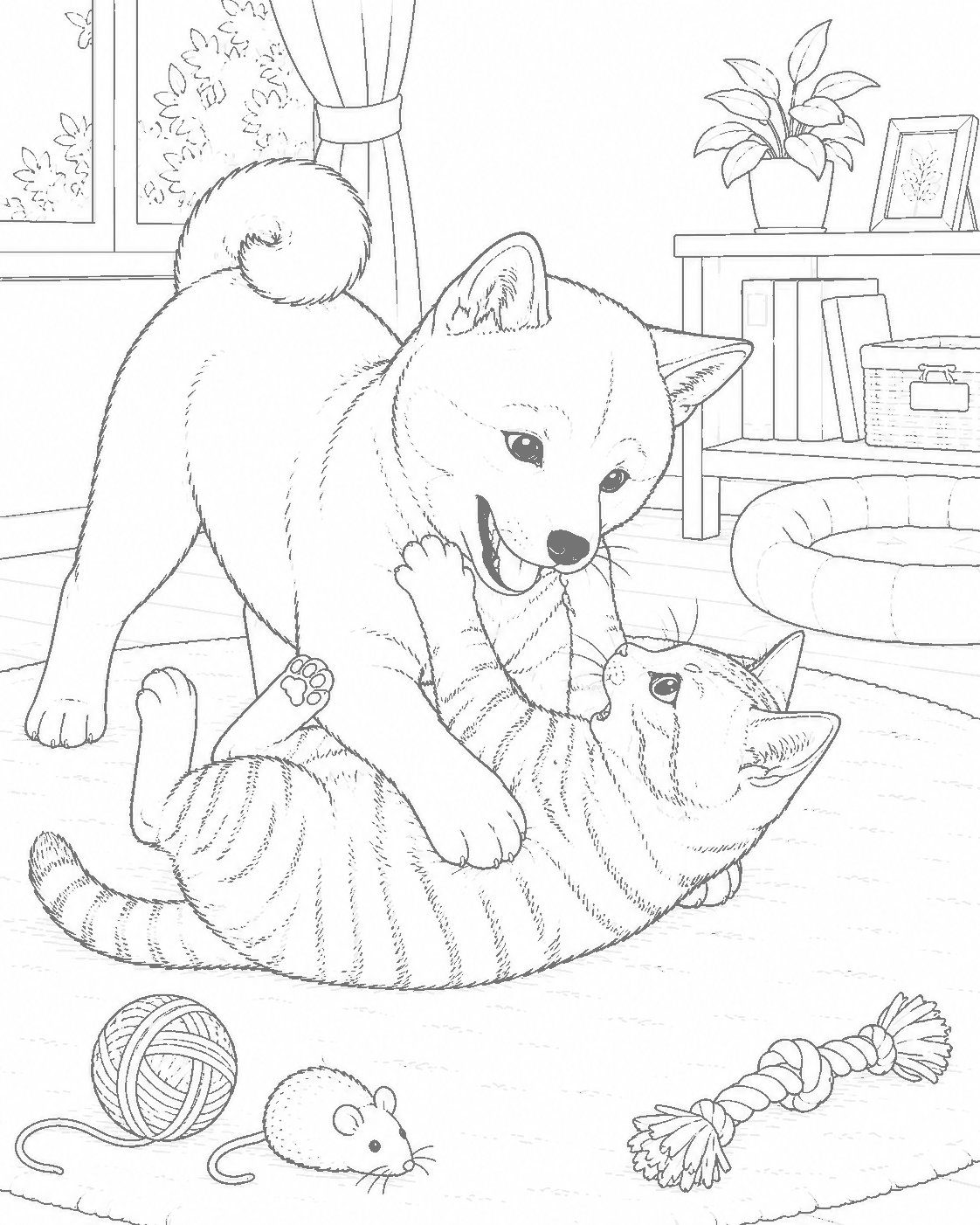 しば犬と猫 塗り絵