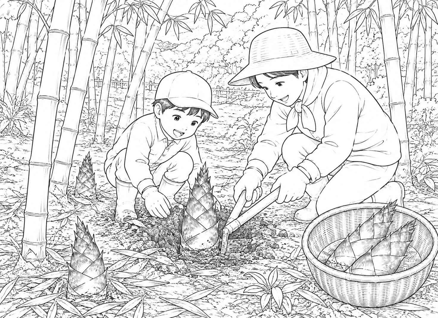 たけのこ掘り 塗り絵