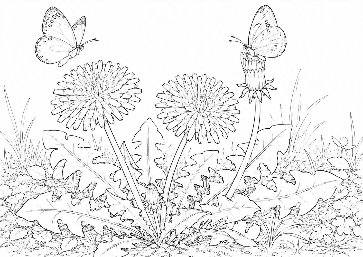 たんぽぽと蝶 塗り絵