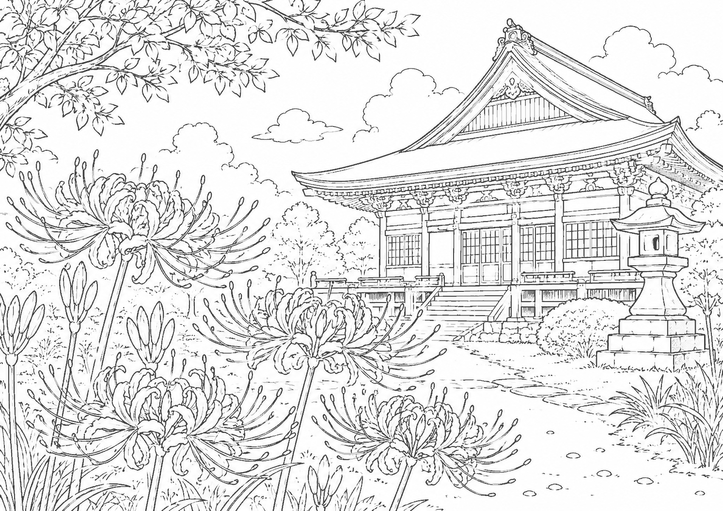 寺と彼岸花 塗り絵