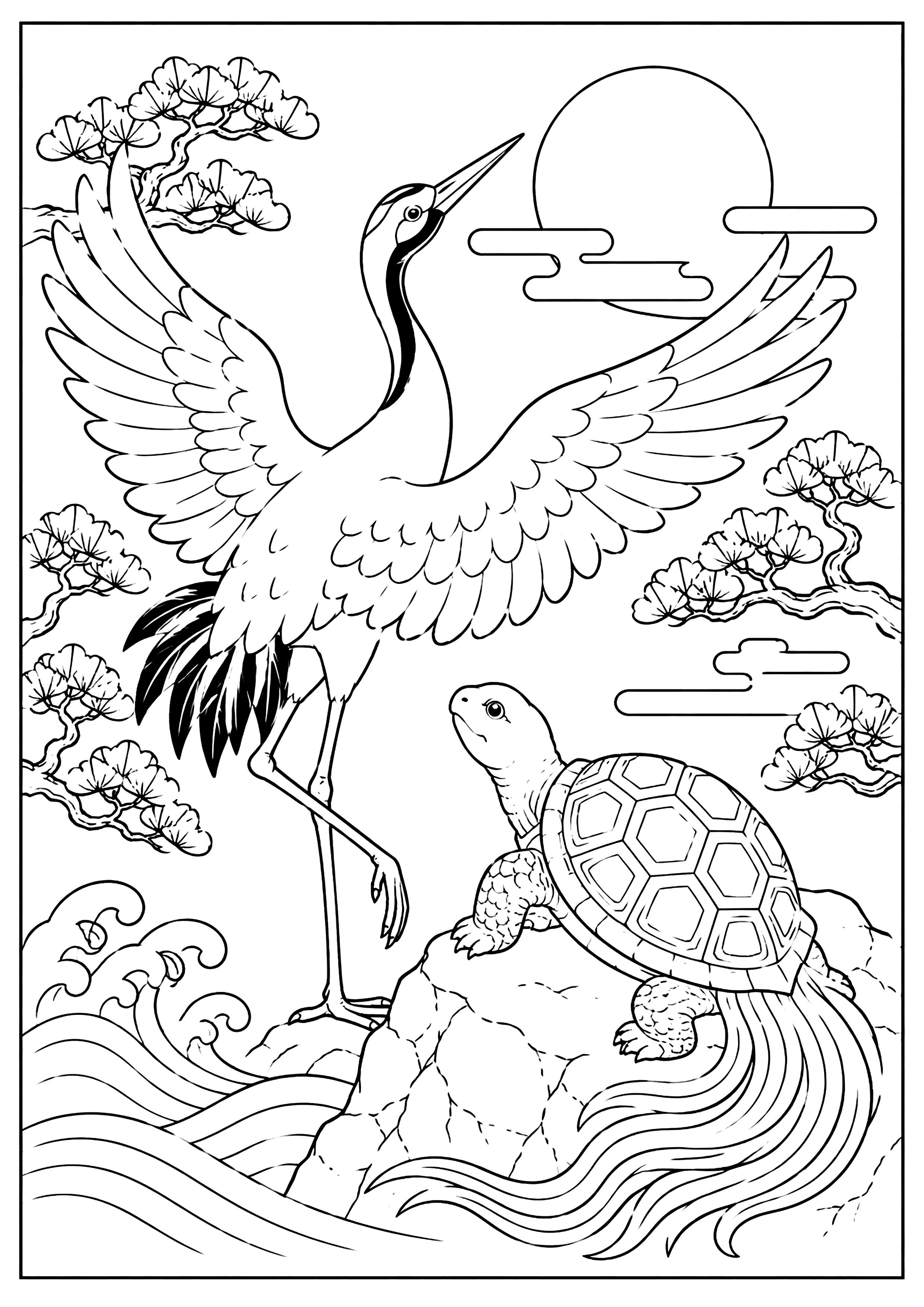 鶴と亀 塗り絵