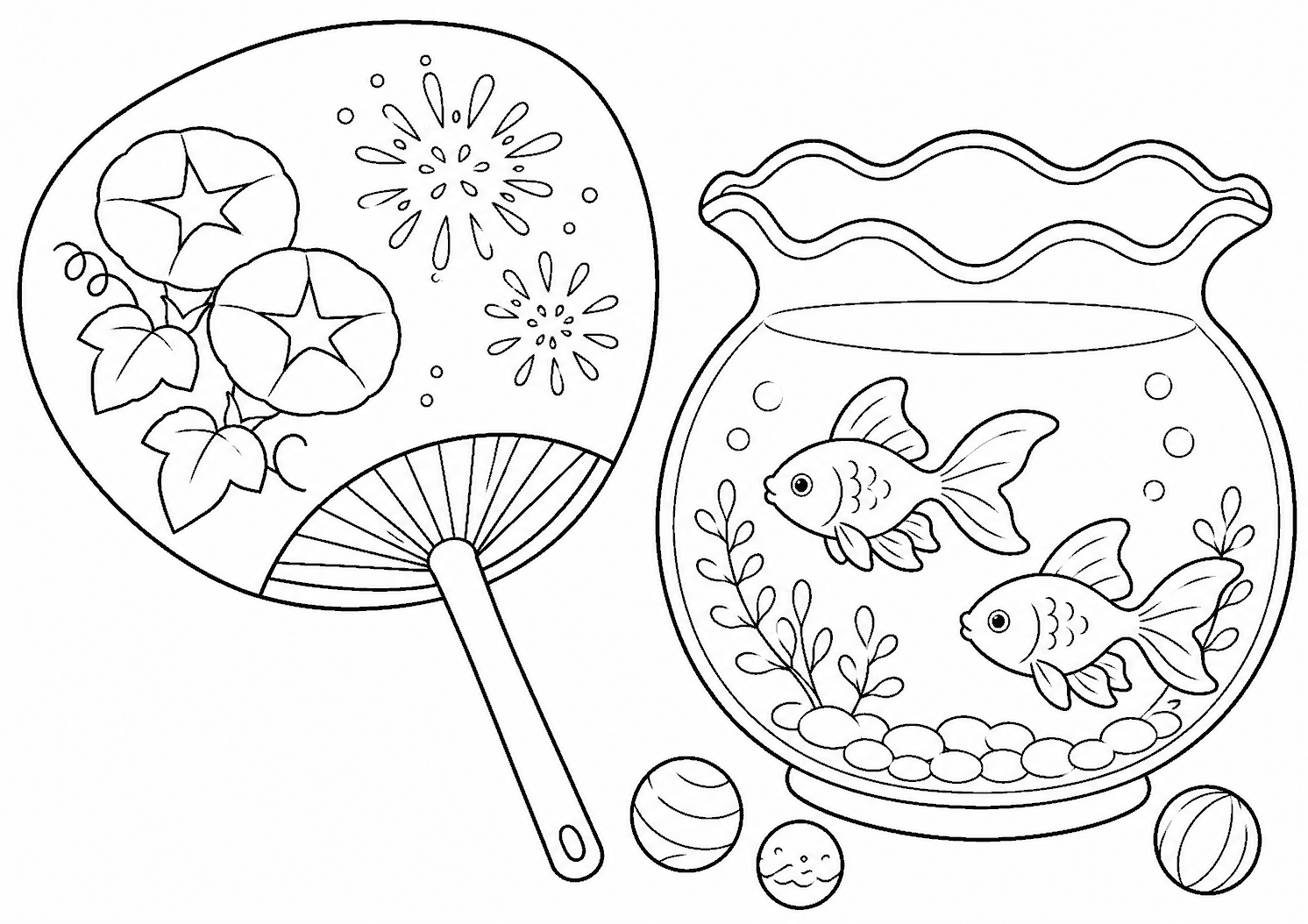 うちわと金魚鉢 塗り絵