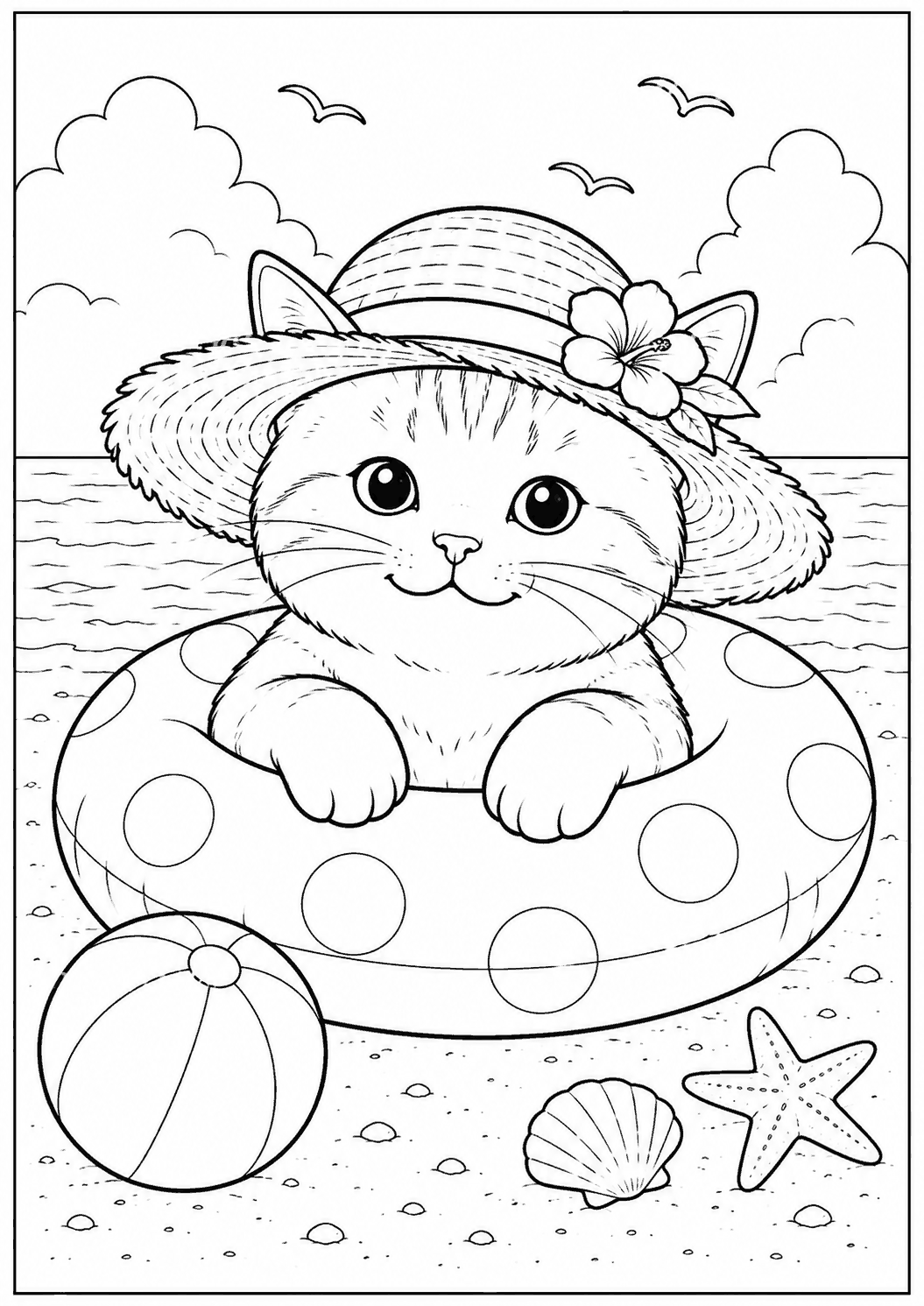 浮き輪の子猫 塗り絵