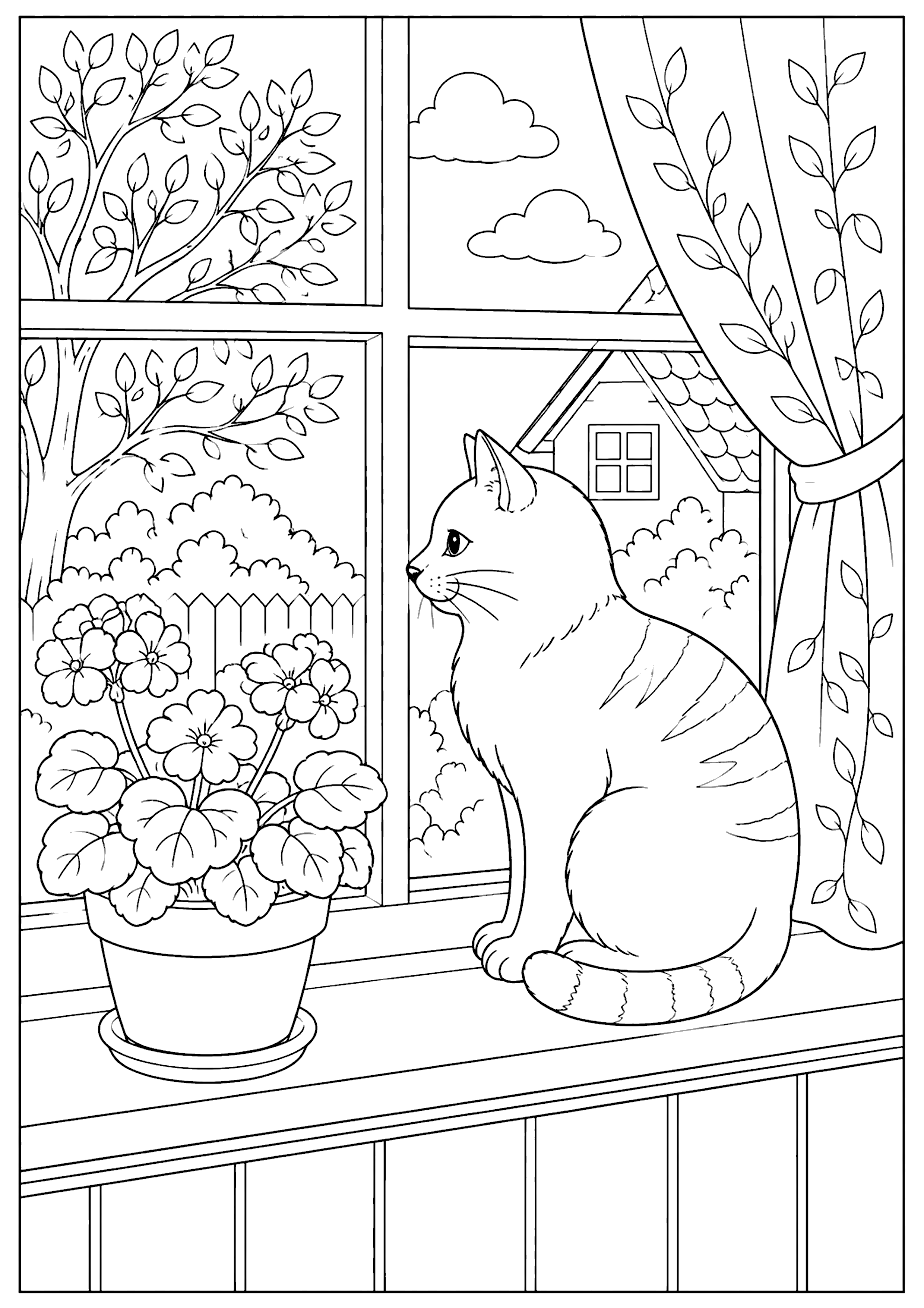 窓際の猫 塗り絵