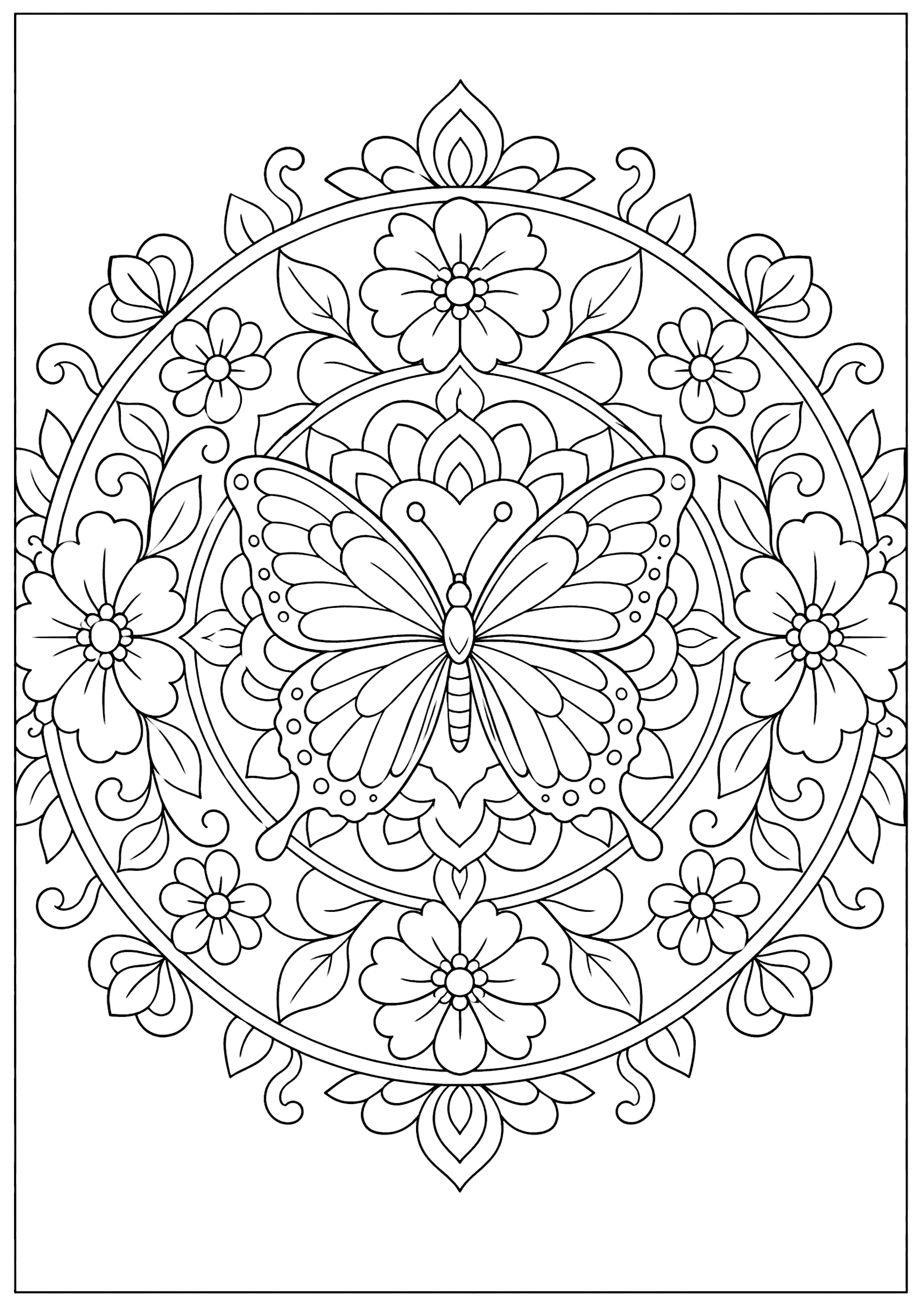 蝶と花の曼荼羅 塗り絵