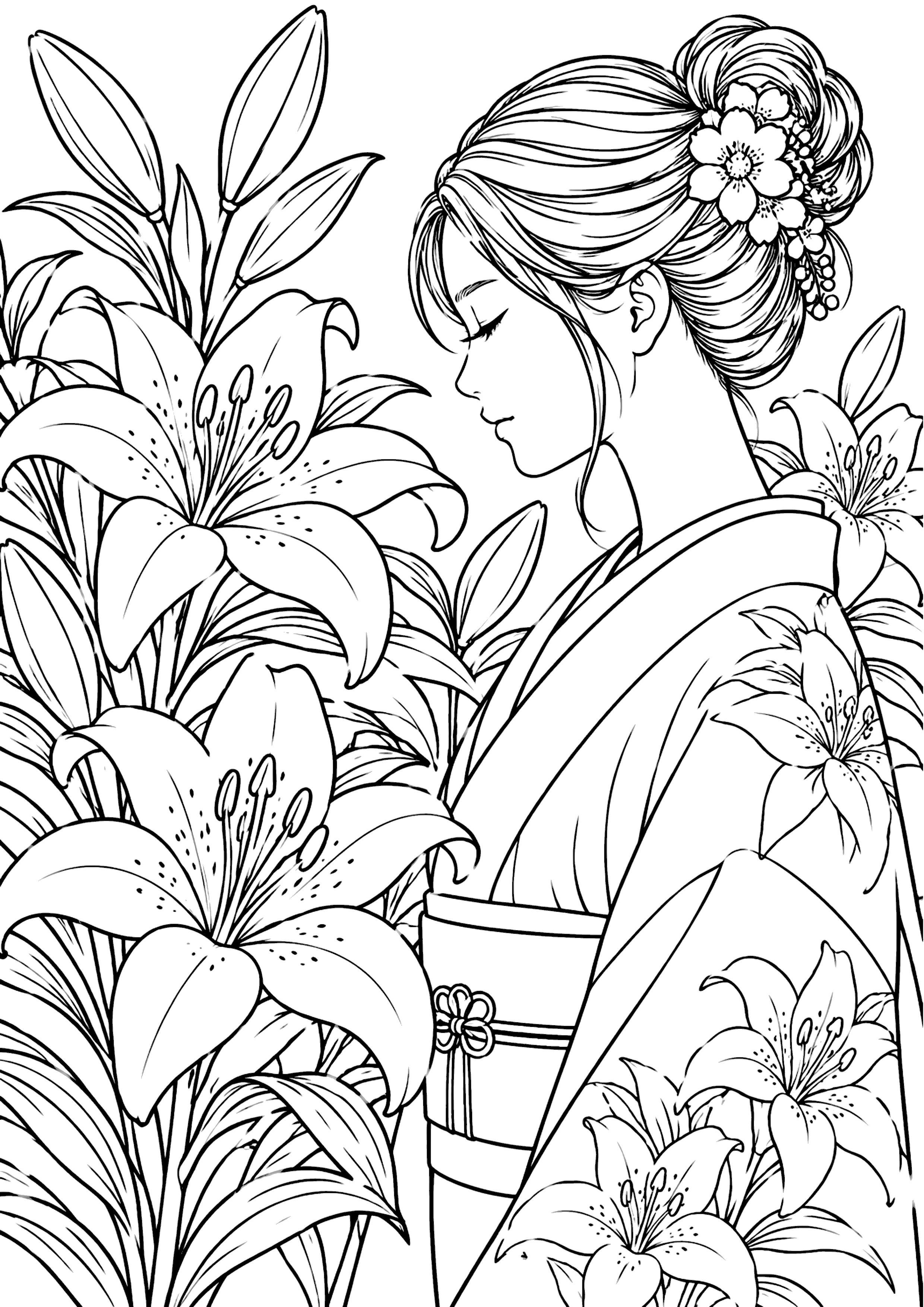 百合と女性 塗り絵