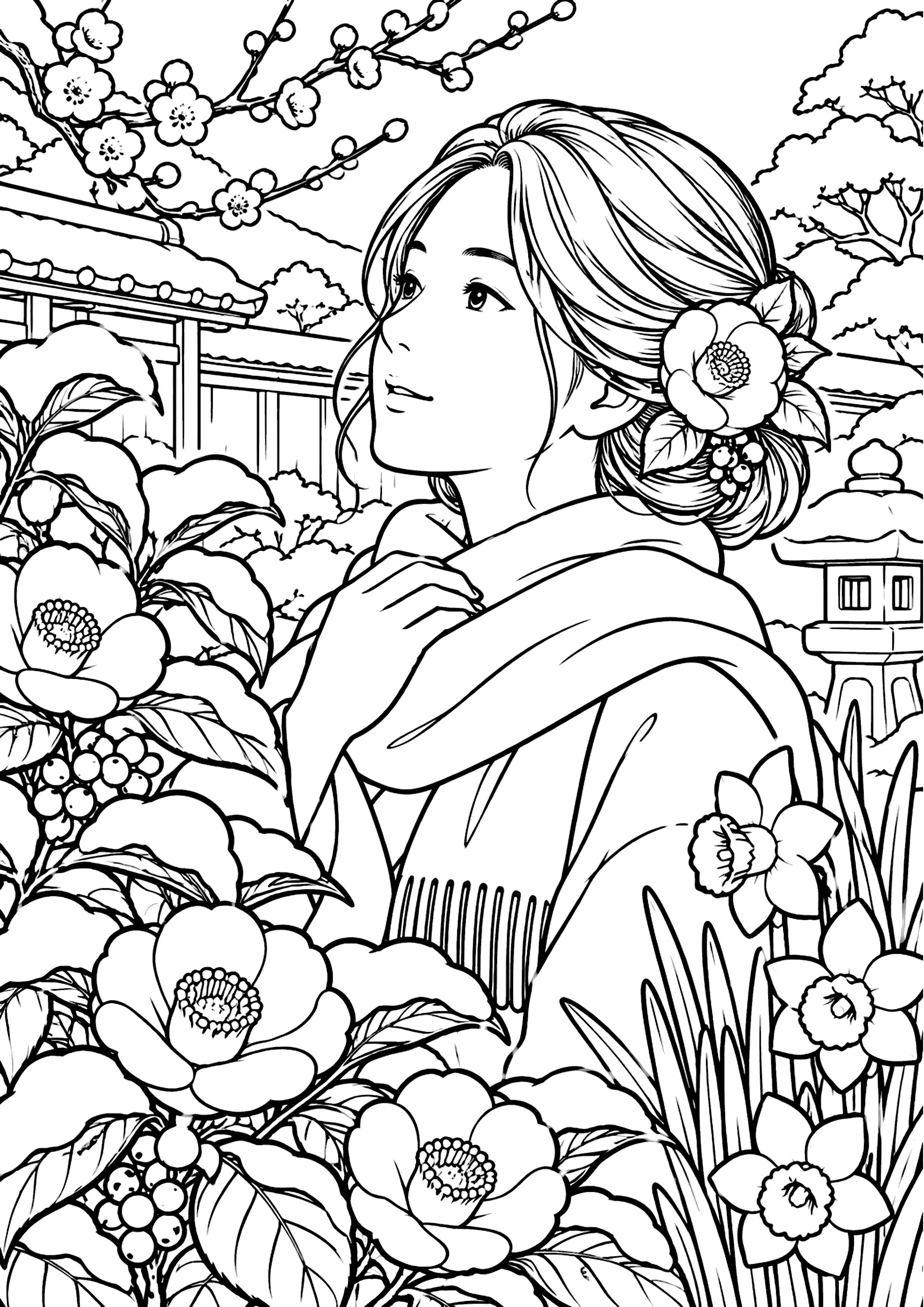 冬 女性 塗り絵