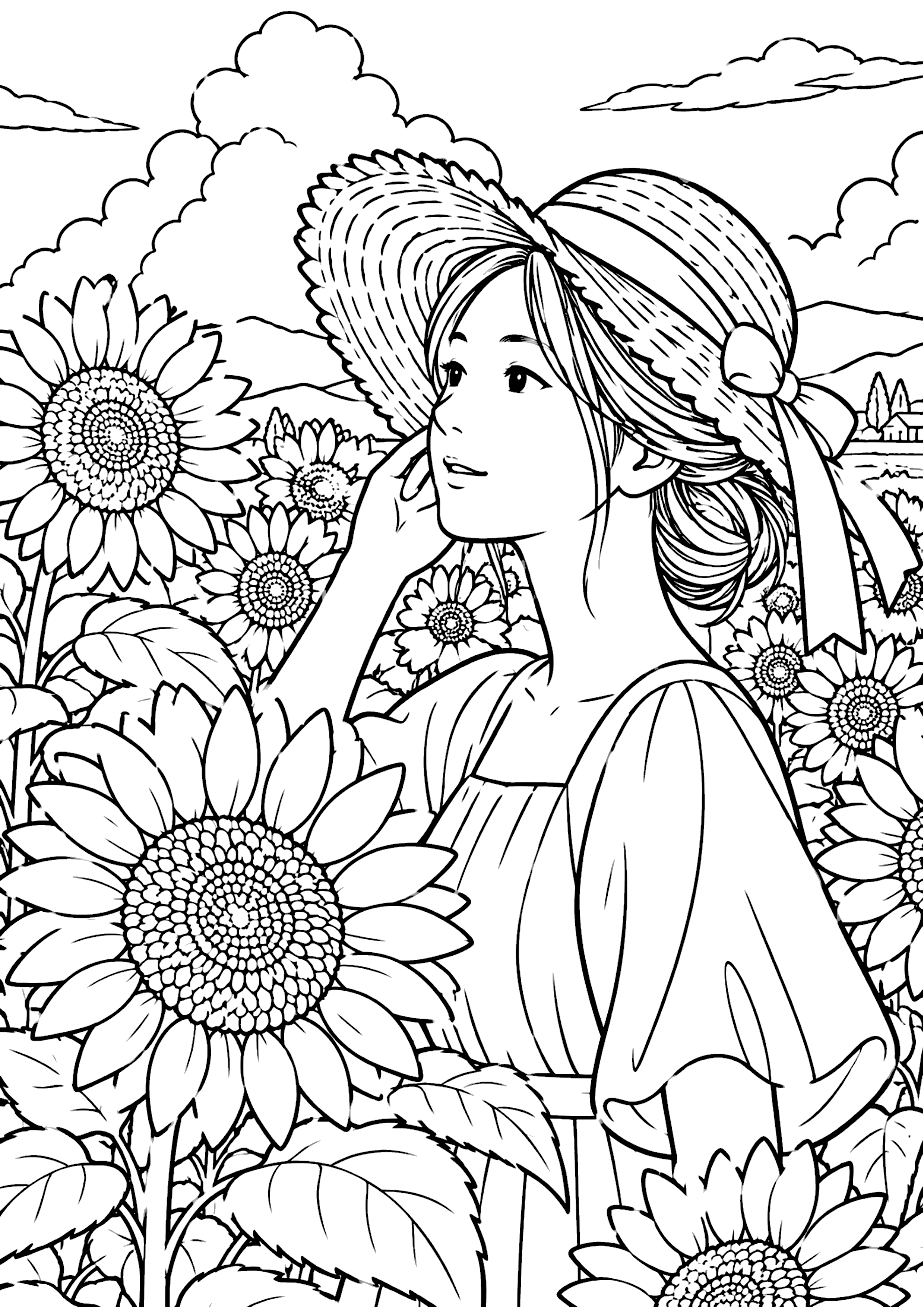 ひまわりと女性 塗り絵