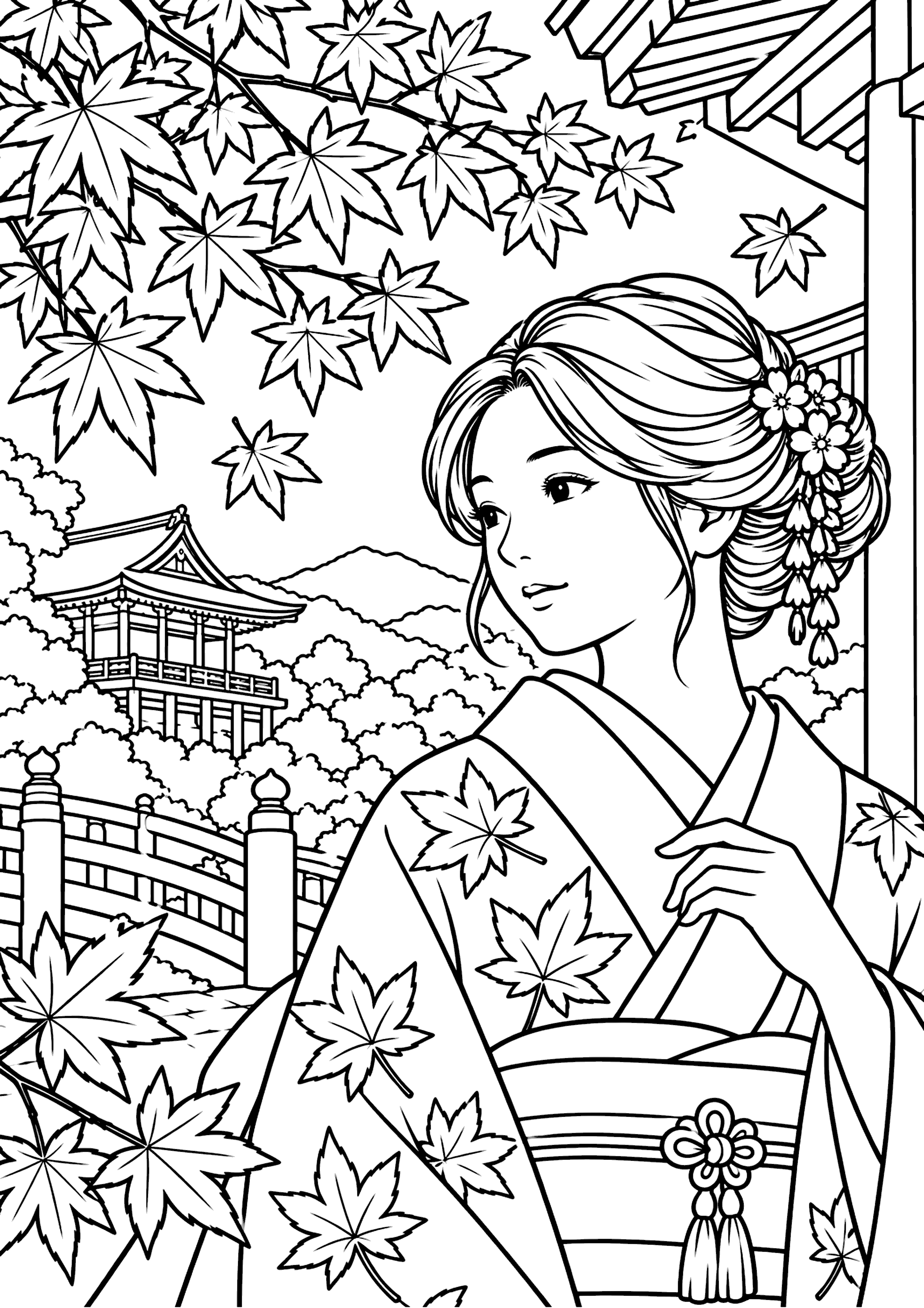 紅葉と女性 塗り絵