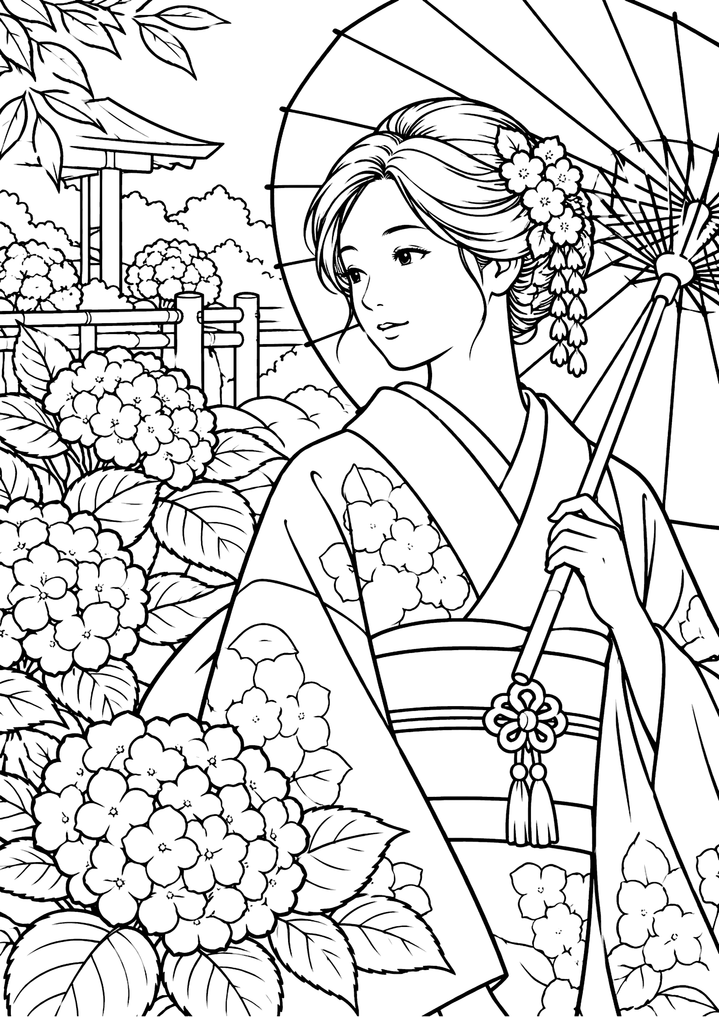 あじさいと女性 塗り絵