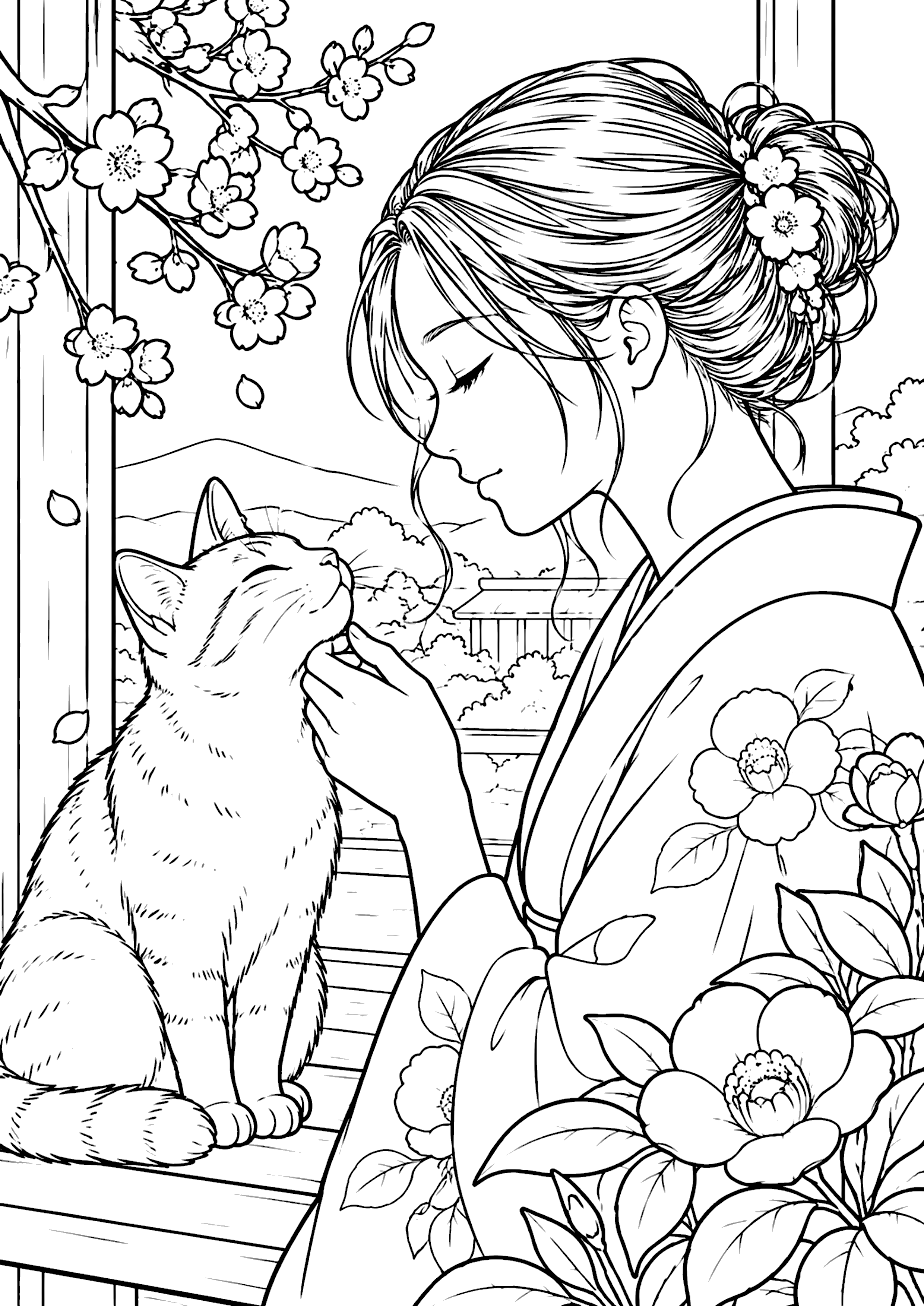 猫と女性 塗り絵
