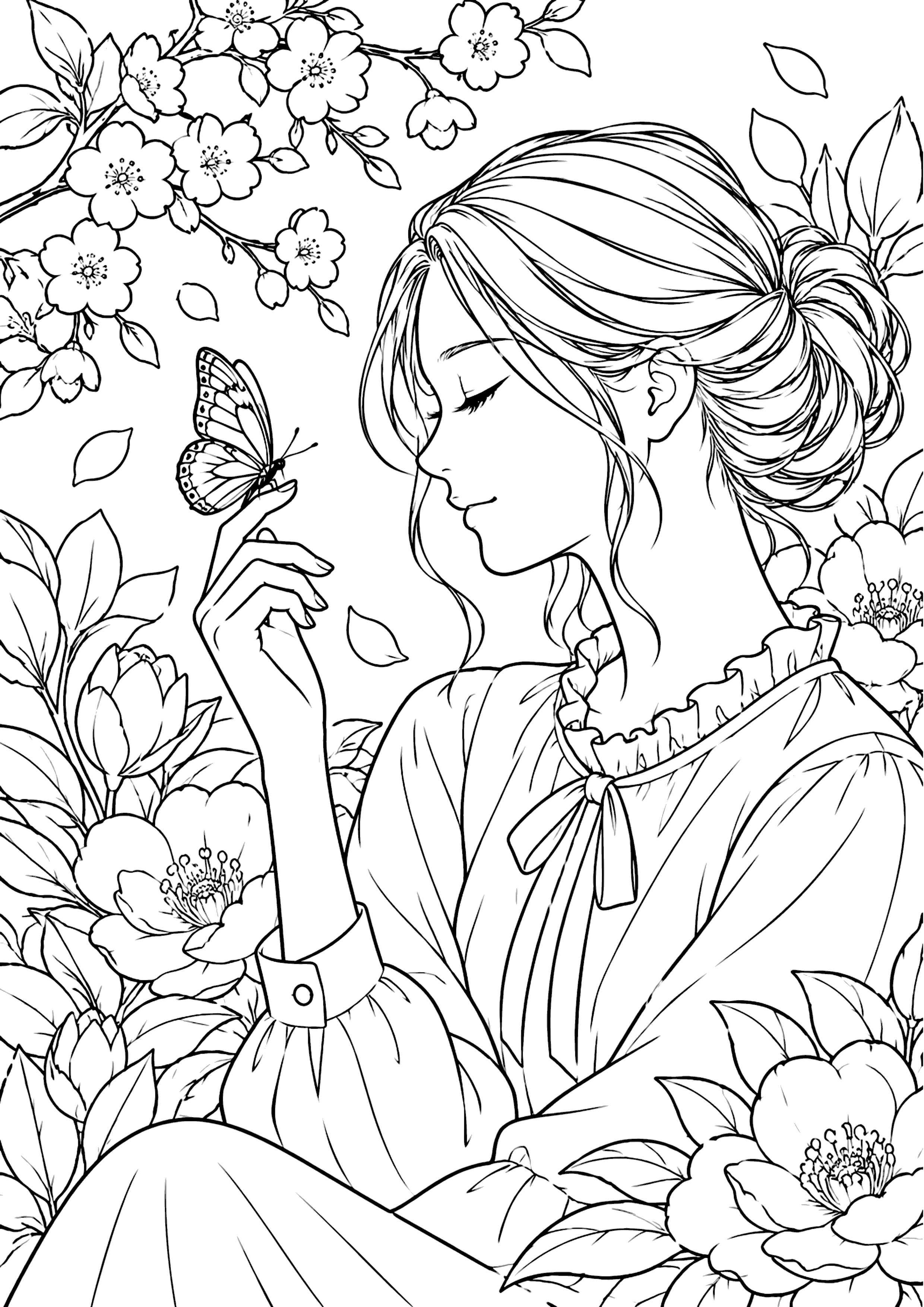 春 女性 塗り絵