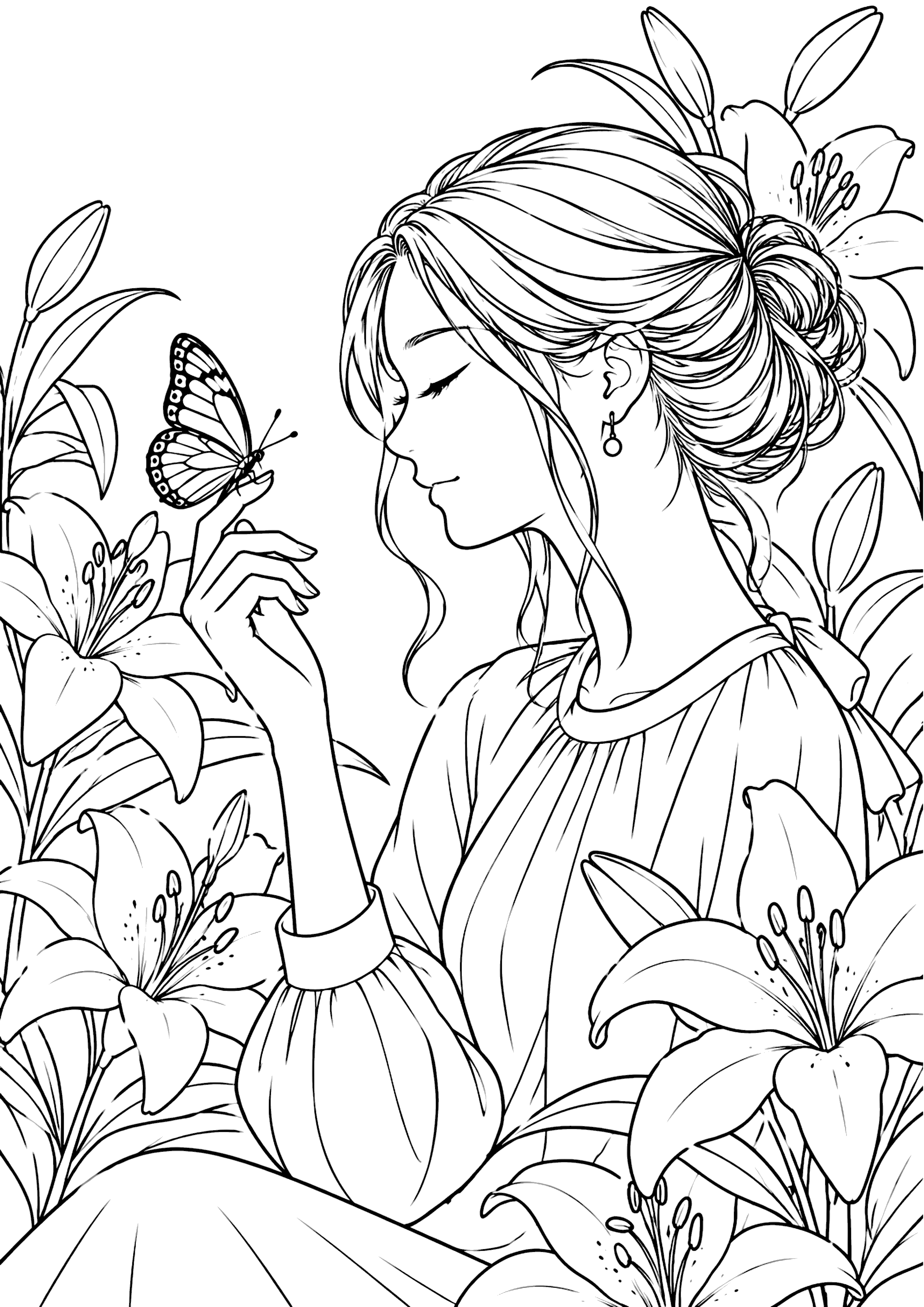 蝶と女性 塗り絵