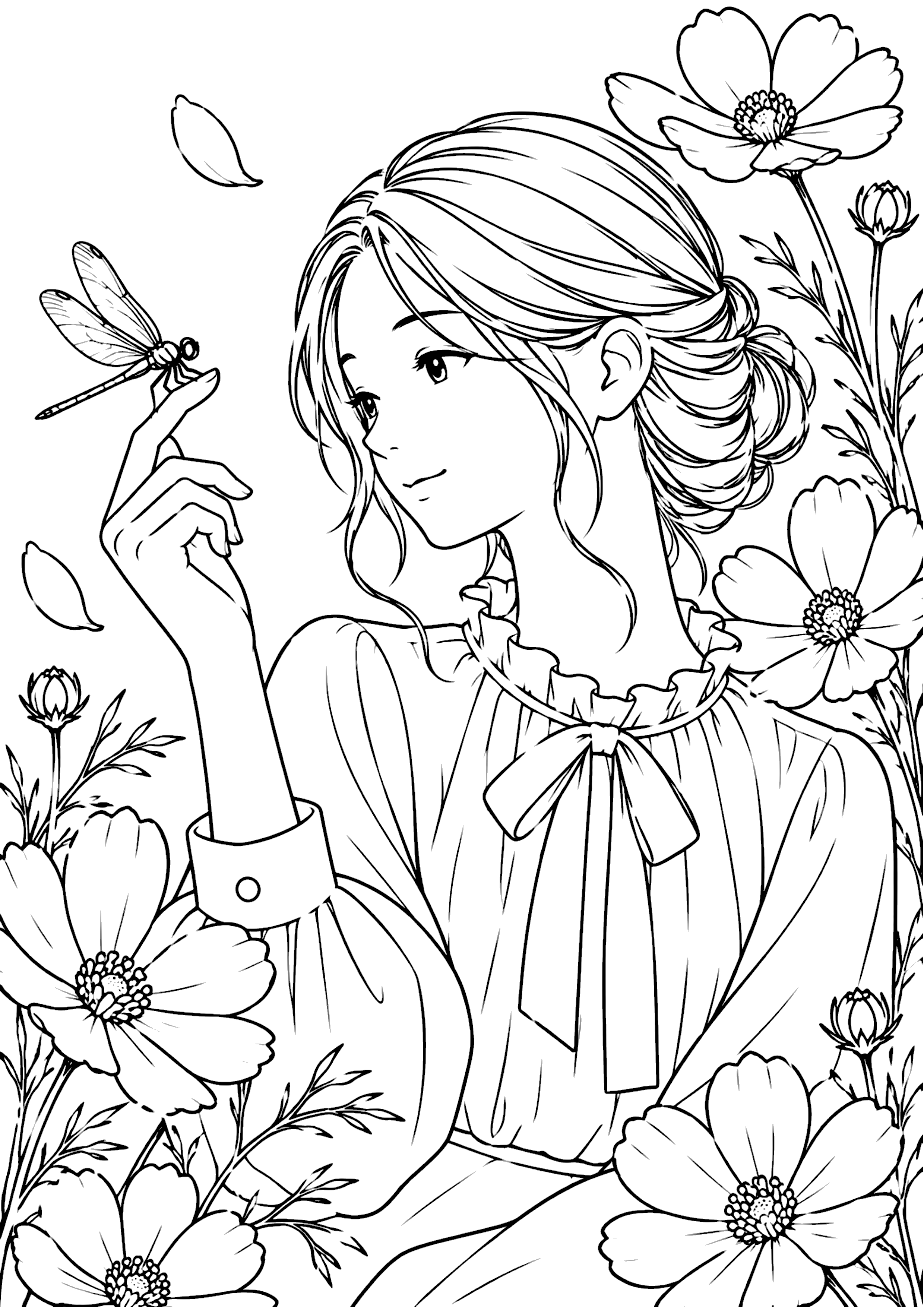 コスモスと女性 塗り絵