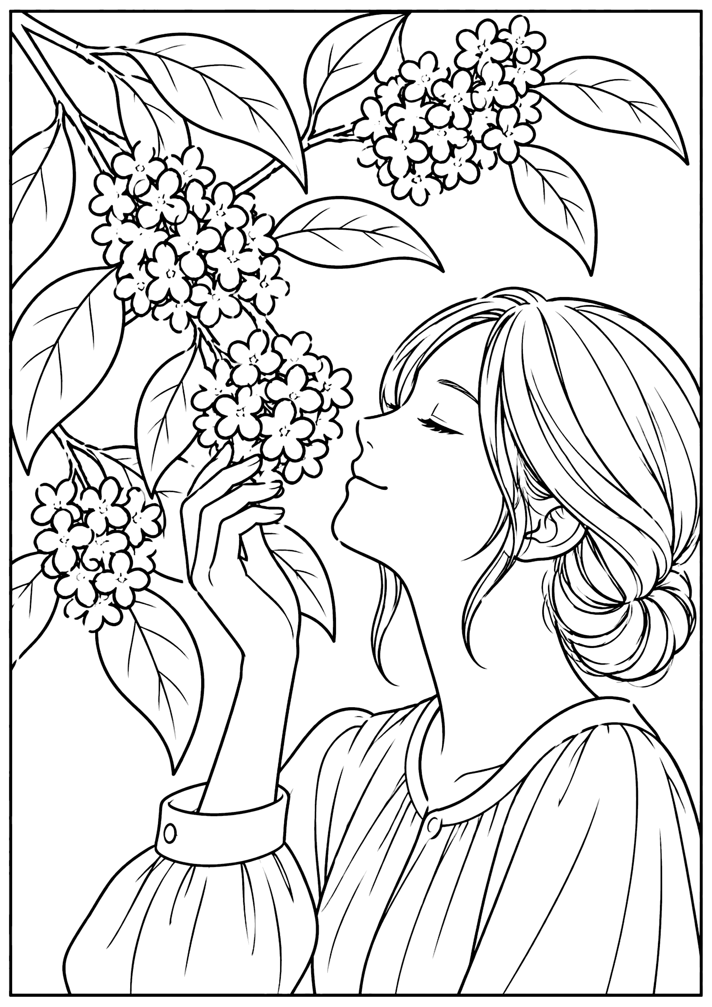 金木犀香る女性 塗り絵