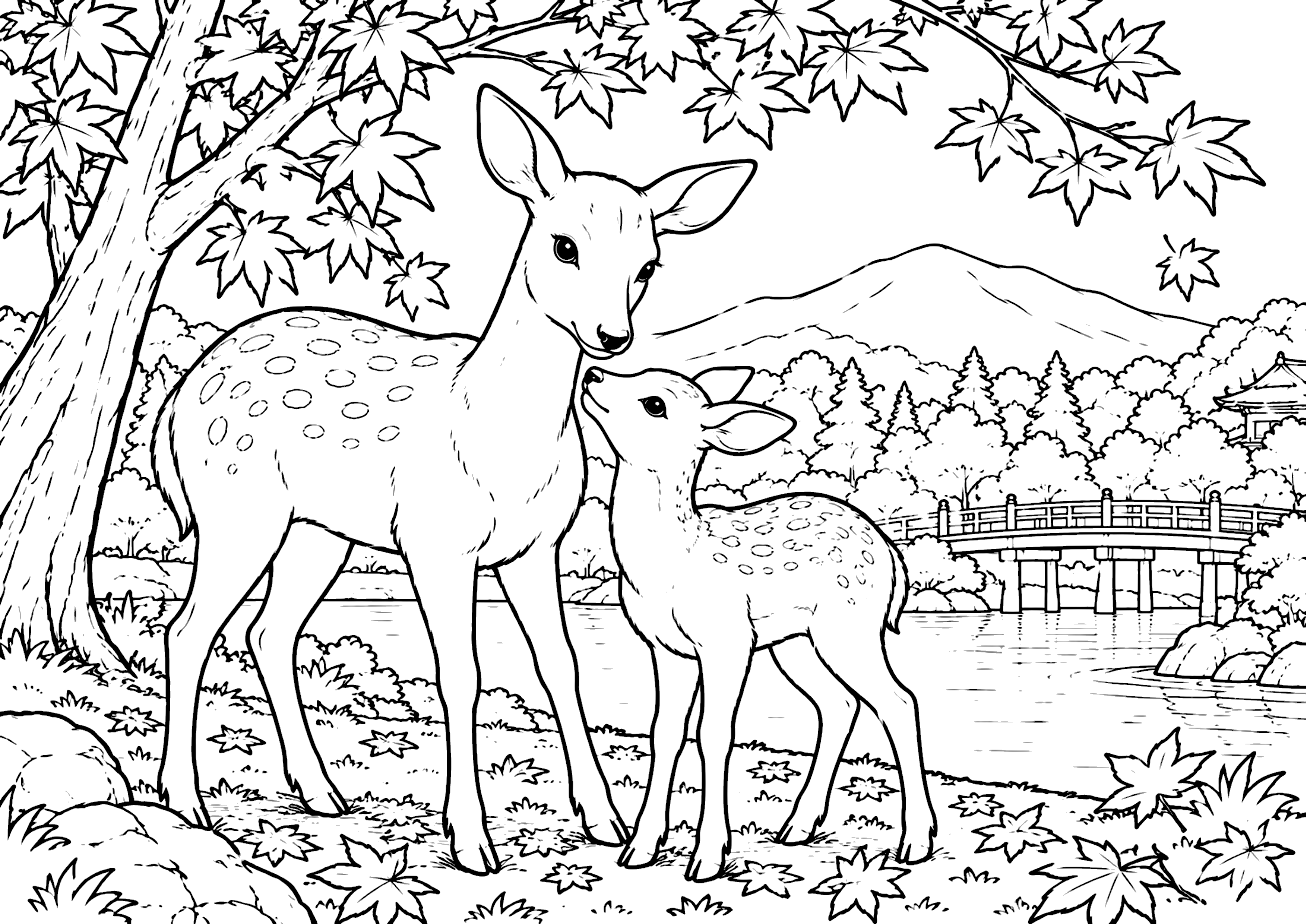 鹿と紅葉 塗り絵
