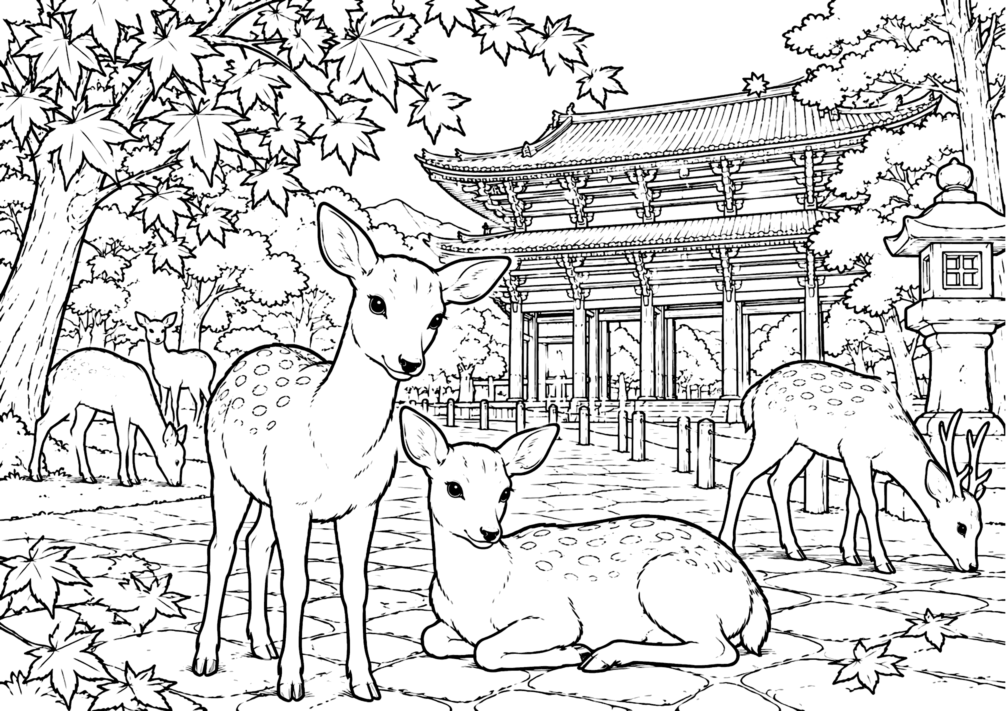 鹿と紅葉 塗り絵